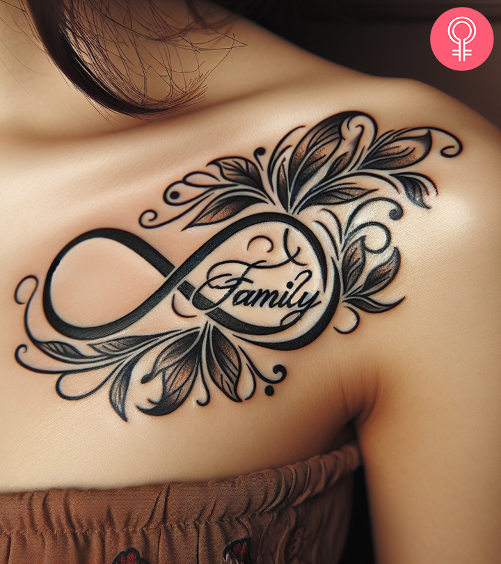 A woman with a black family infinity tattoo on her shoulder