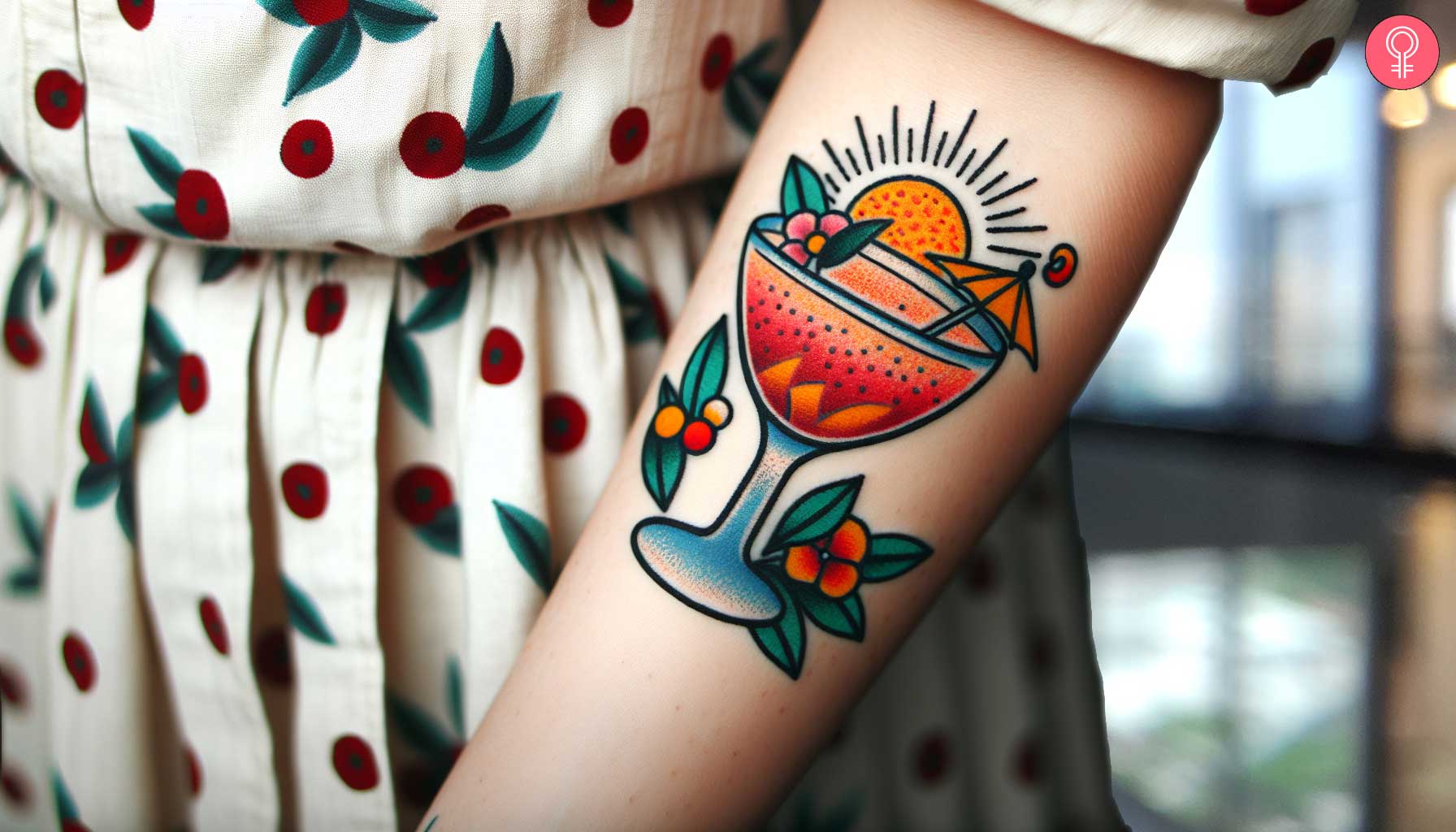 A colorful tattoo with an orange cocktail in a glass