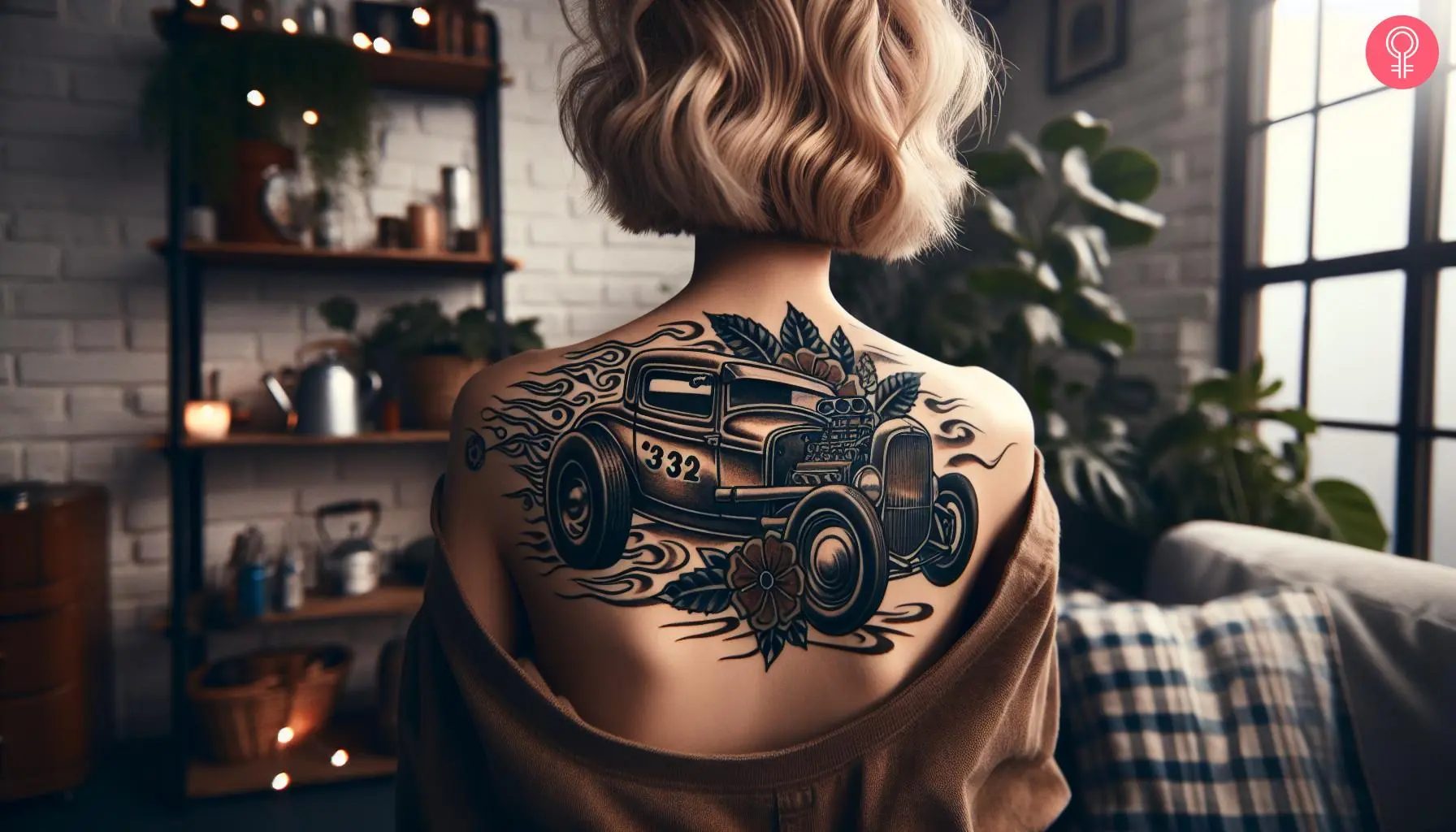 A woman with a hot rod tattoo sleeve on her arm