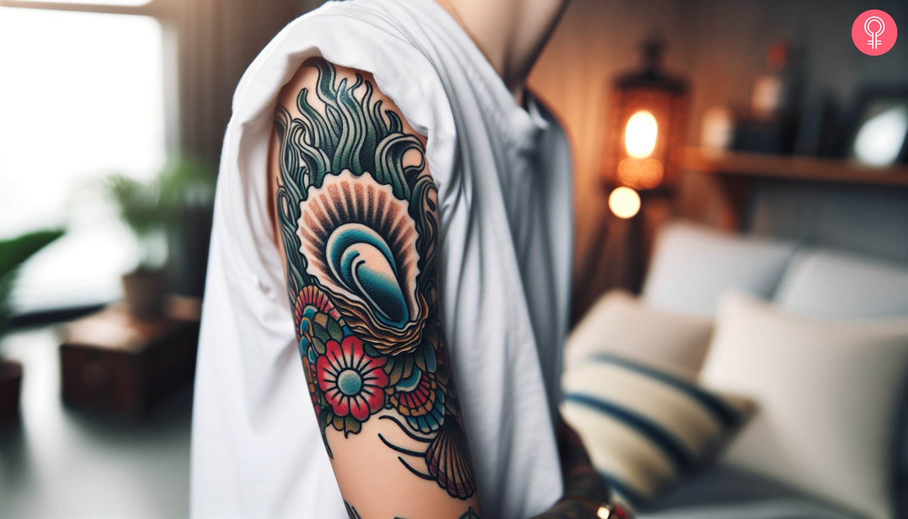 A woman with a colorful American-traditional oyster tattoo on her upper arm