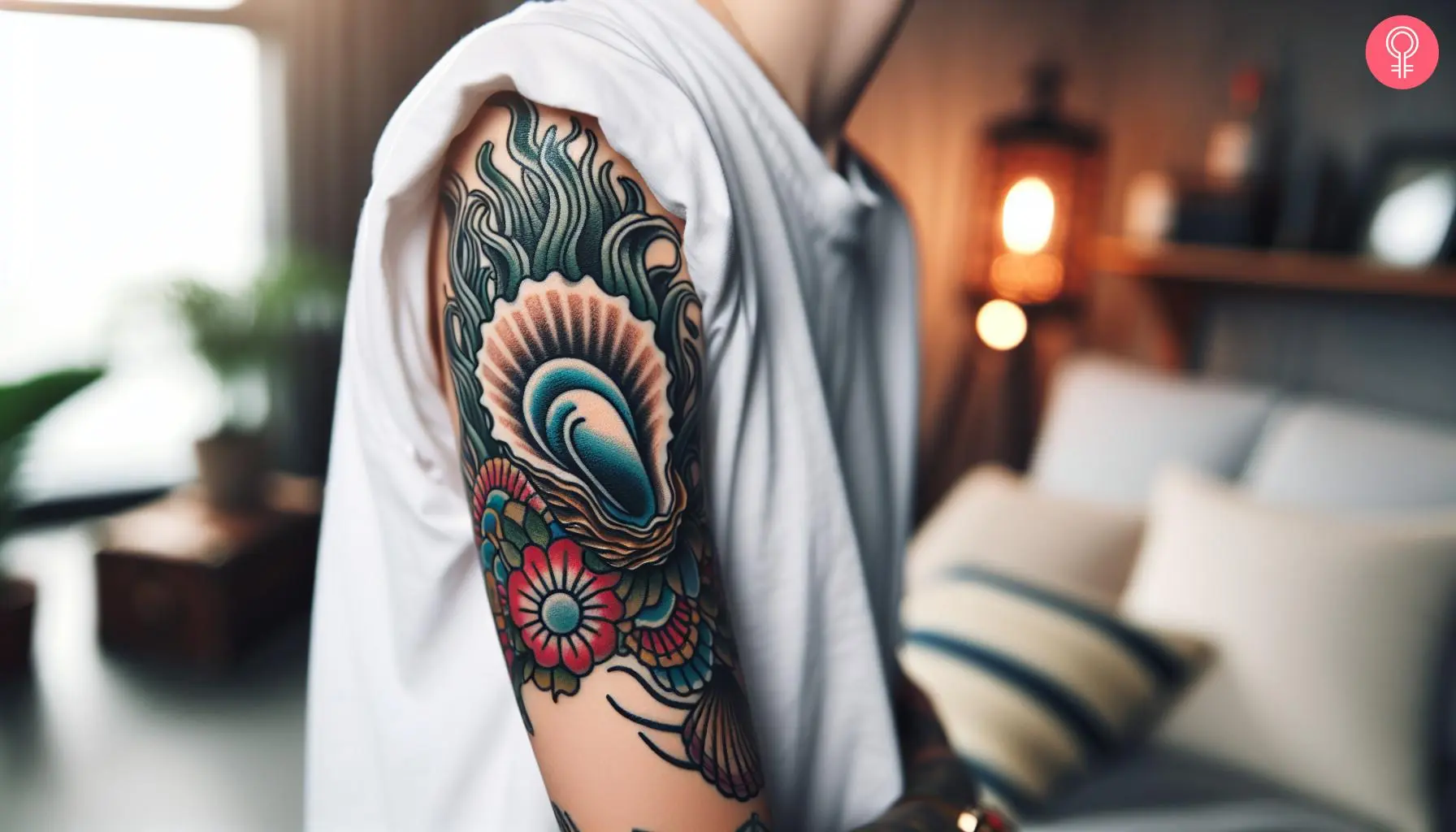 A woman with a colorful American-traditional oyster tattoo on her upper arm