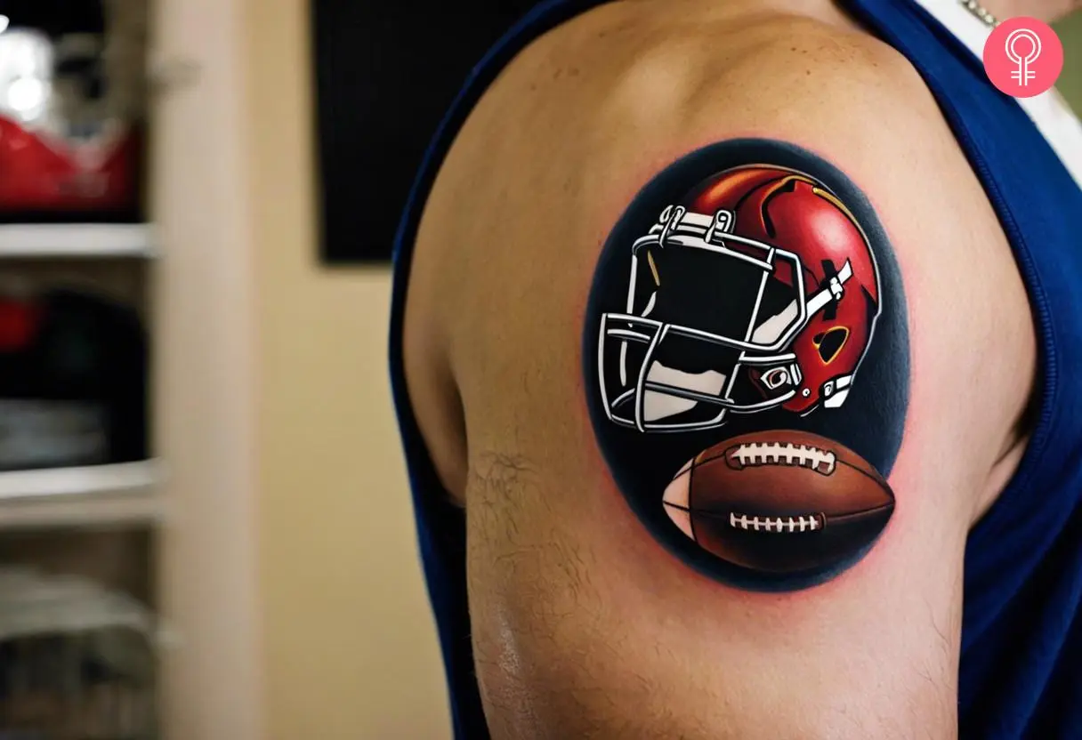 American football helmet and ball tattoo on a man’s upper arm