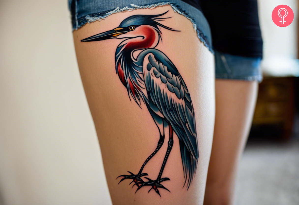 An American traditional heron tattoo on a woman’s thigh