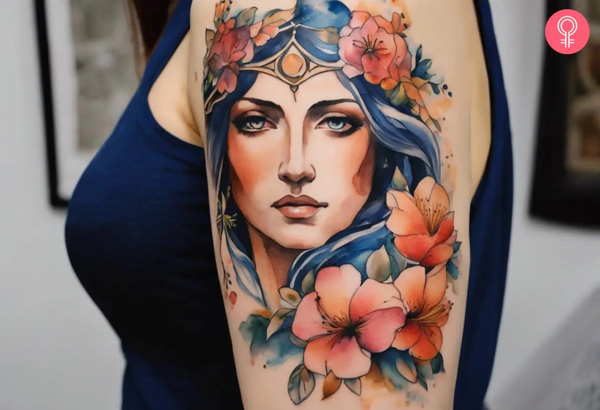 An Aphrodite with flowers tattooed on the arm of a woman