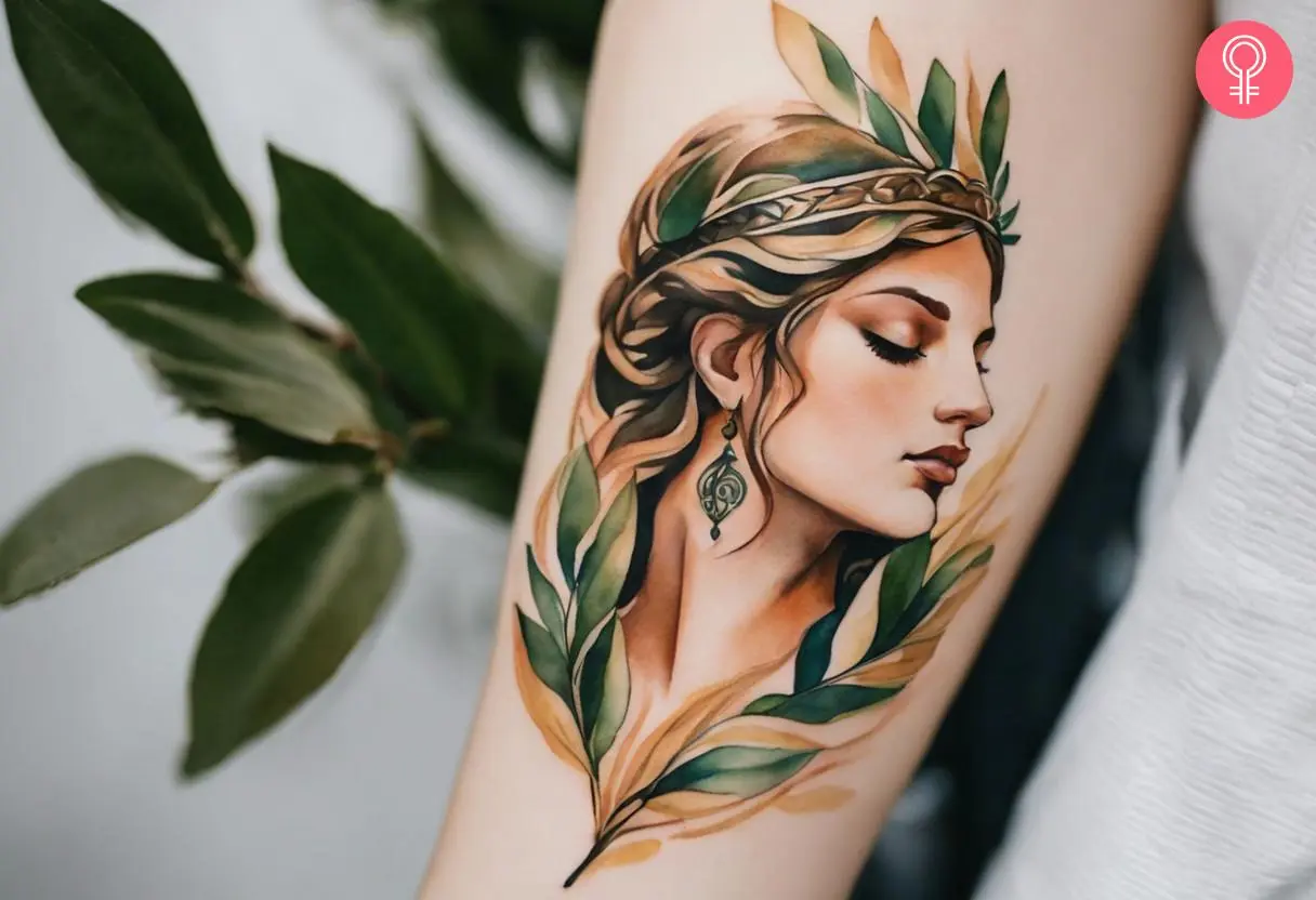 An Aphrodite with olive leaves tattoo on the forearm of a woman