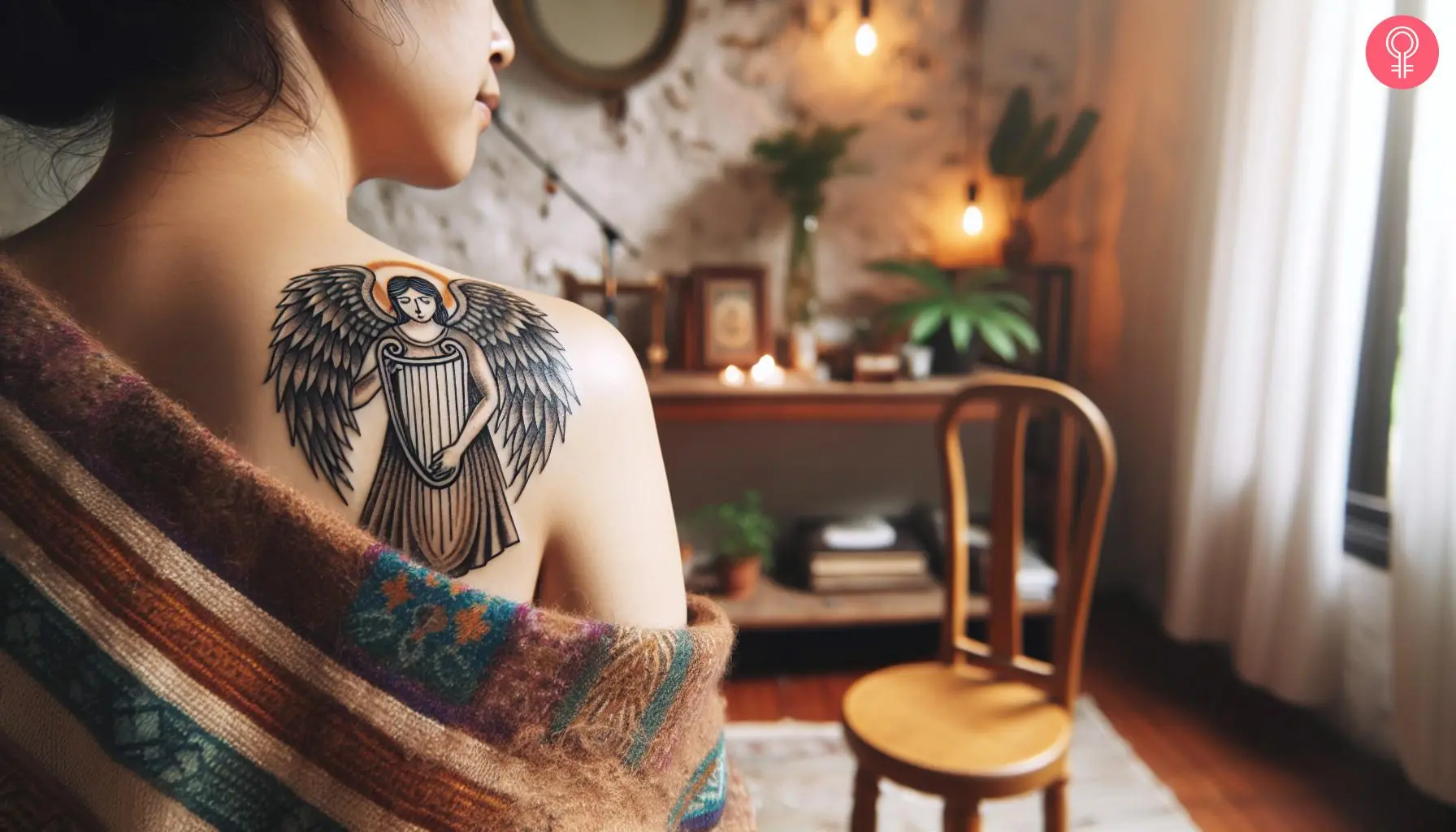 An angel playing a harp tattoo on the back shoulder