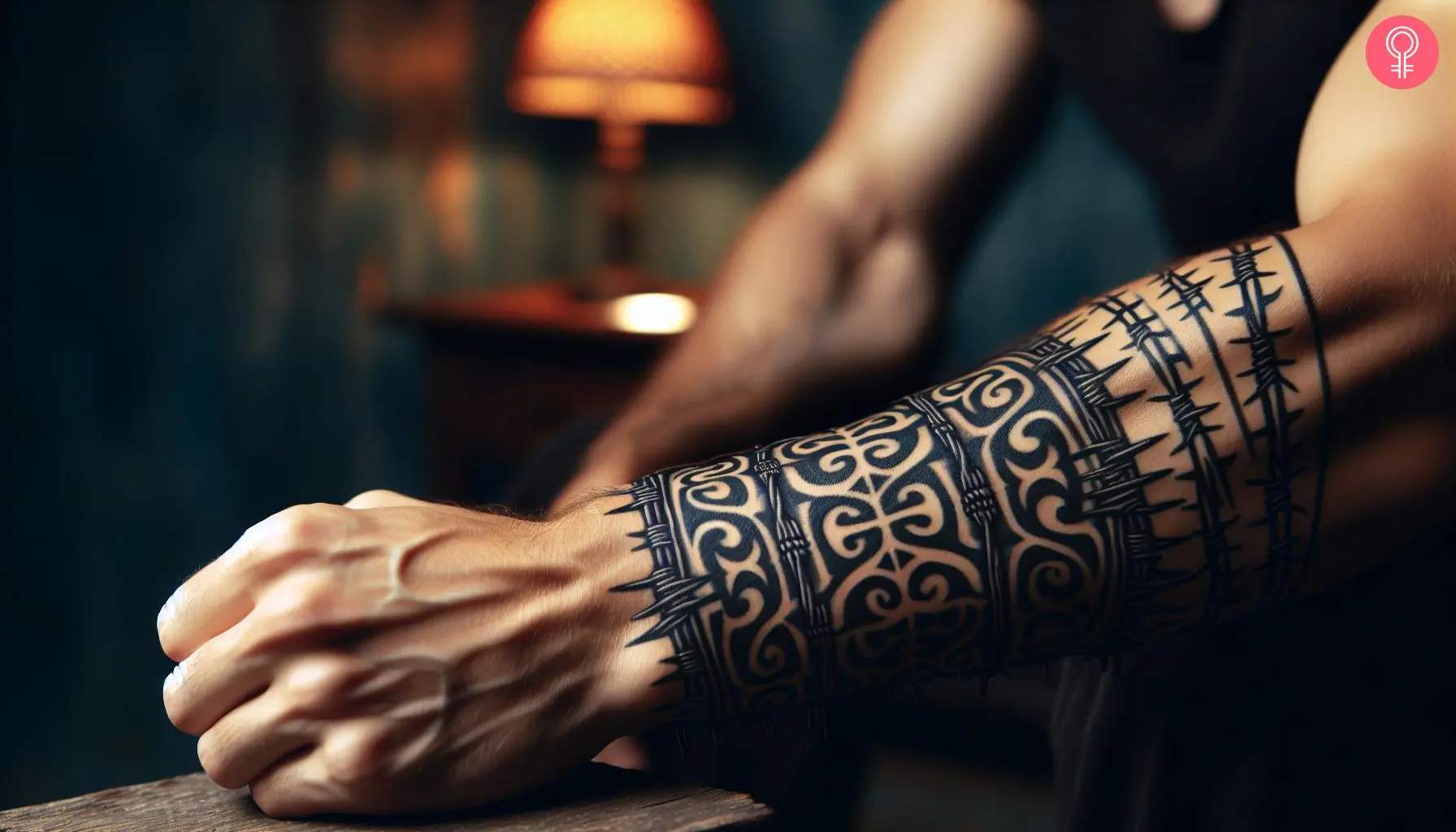 An armband tattoo featuring tribal swirls with barbed wires on the forearm