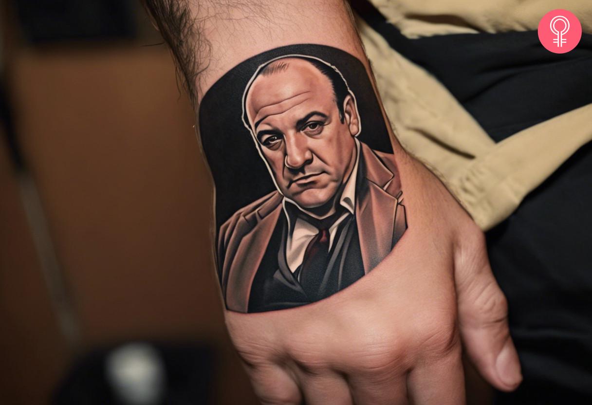 An illustrative tattoo of Tony Soprano on the back of the hand