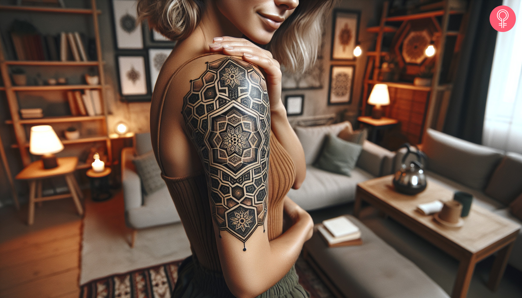 An intricate blackwork hexagon mandala tattoo on the upper arm