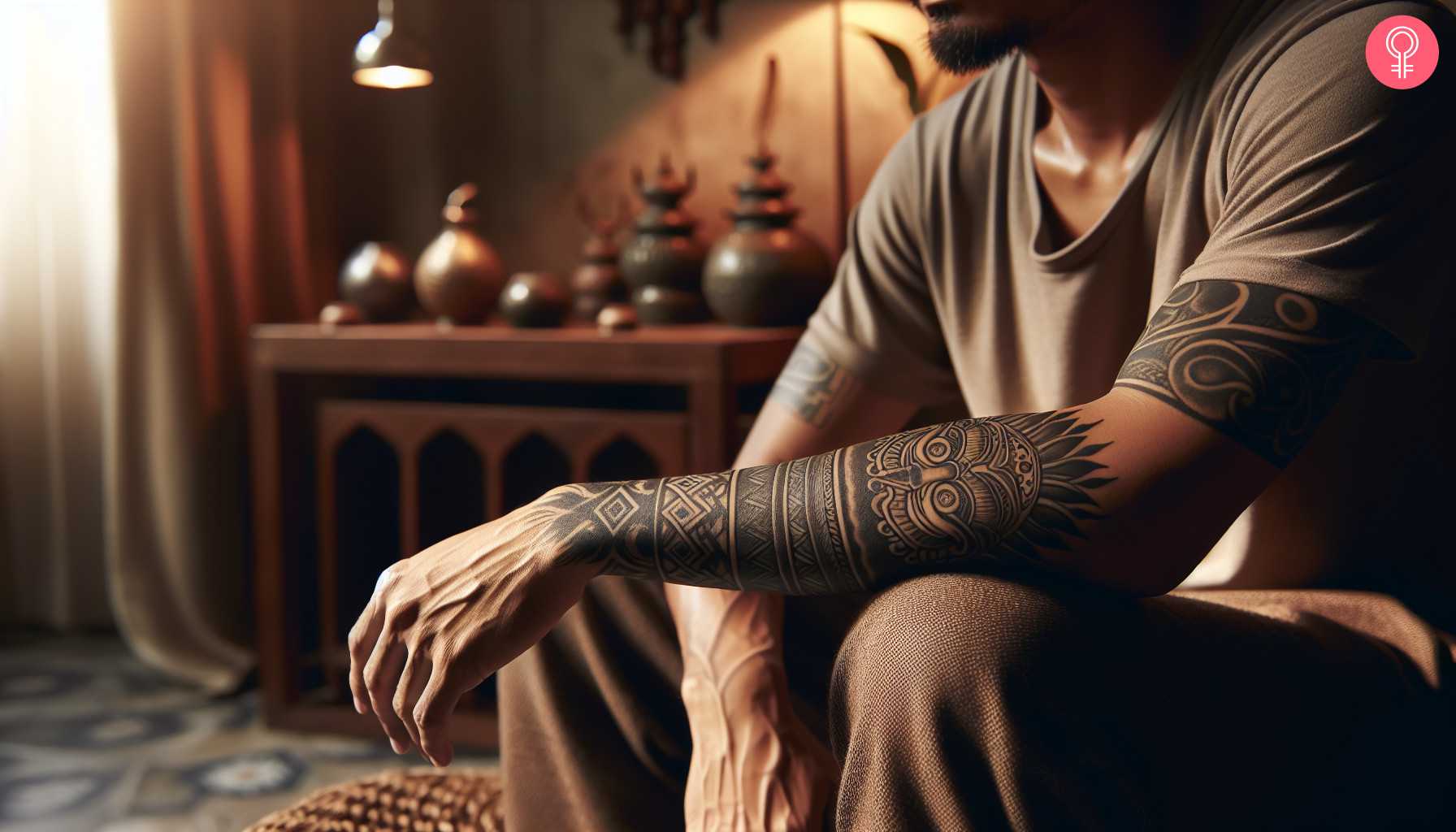 An intricate tattoo with geometric designs and a tribal owl