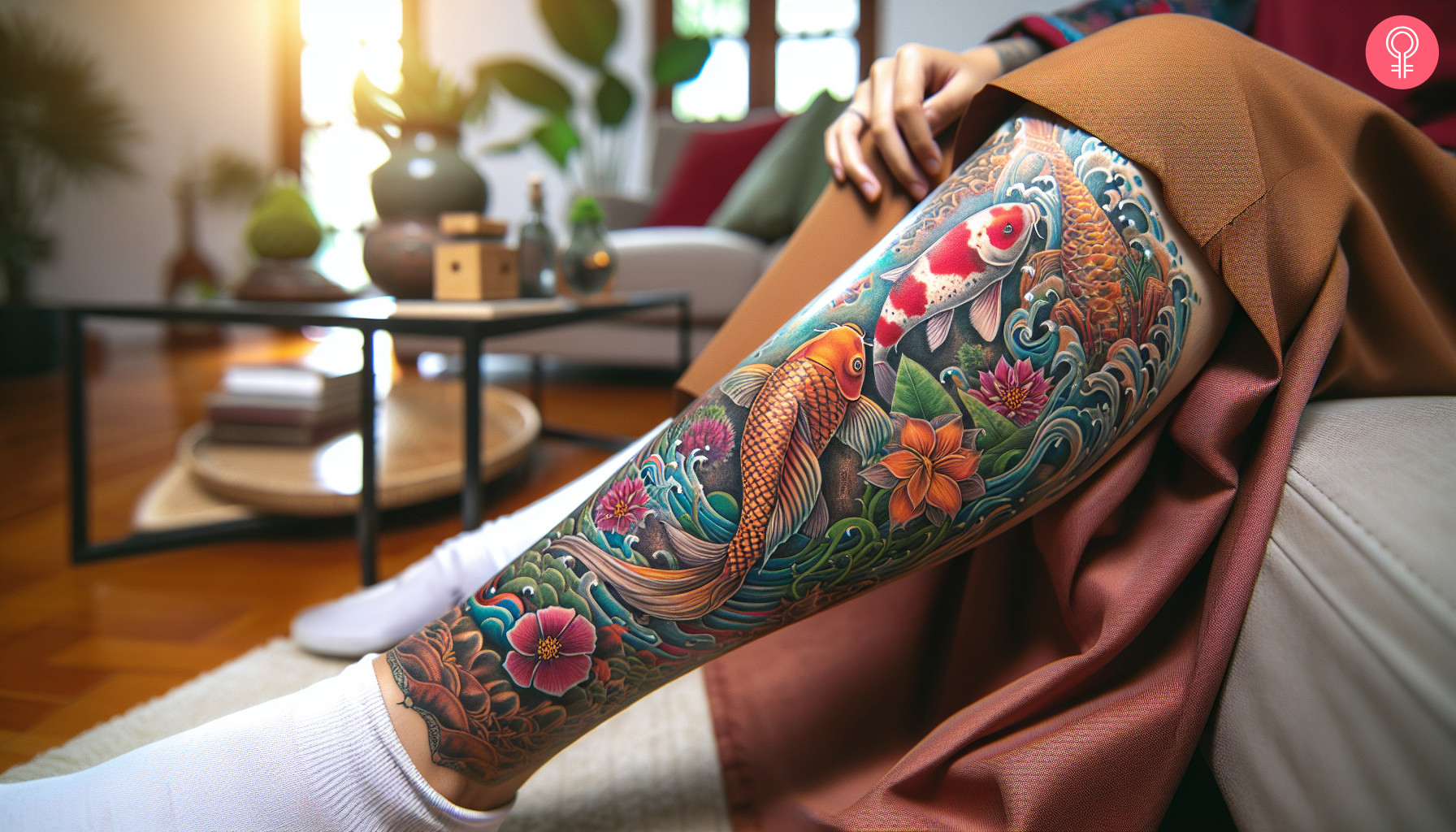 An oriental concept tattoo on a woman’s leg