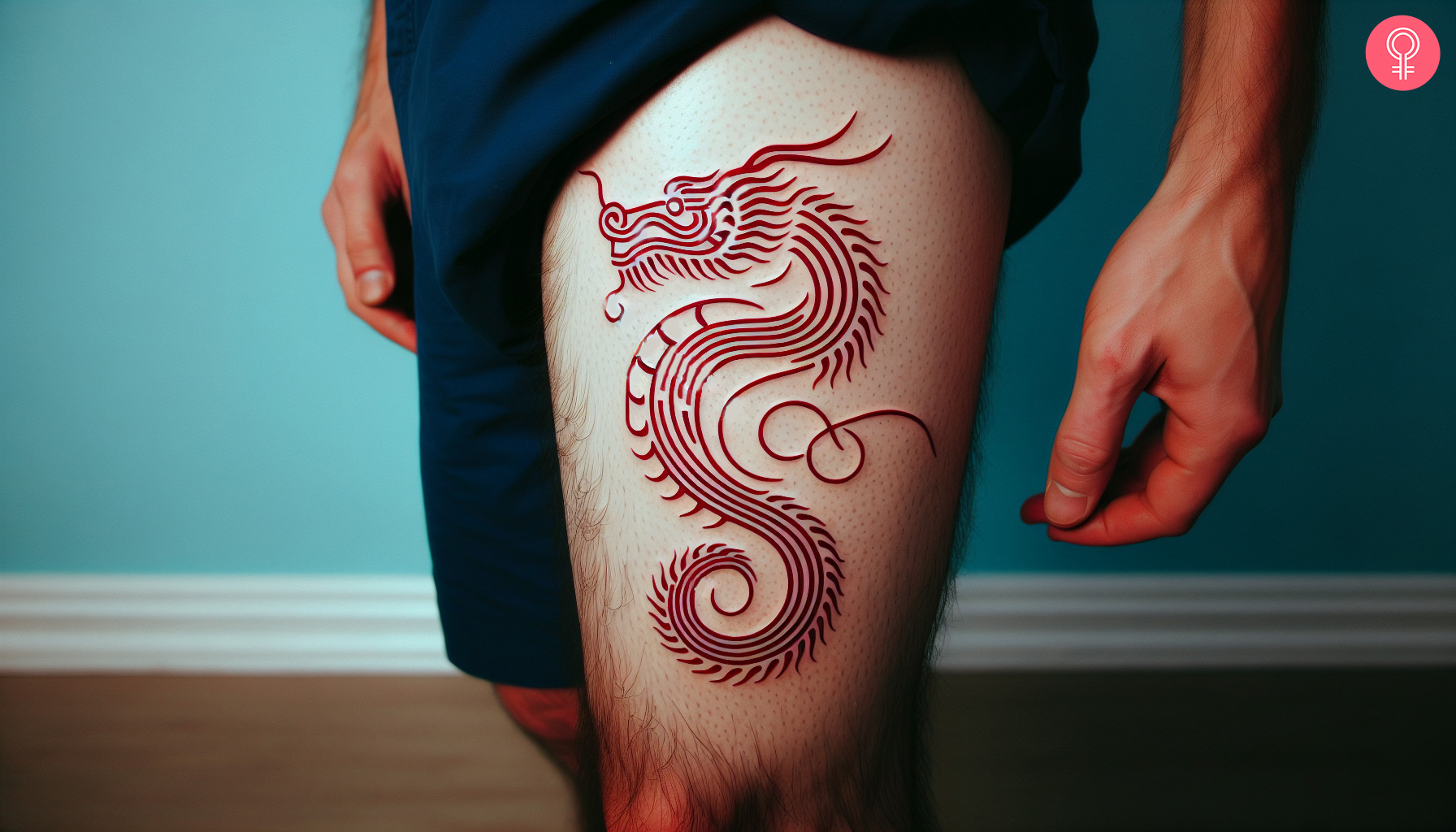 An outline of a red dragon tattoo on the leg.