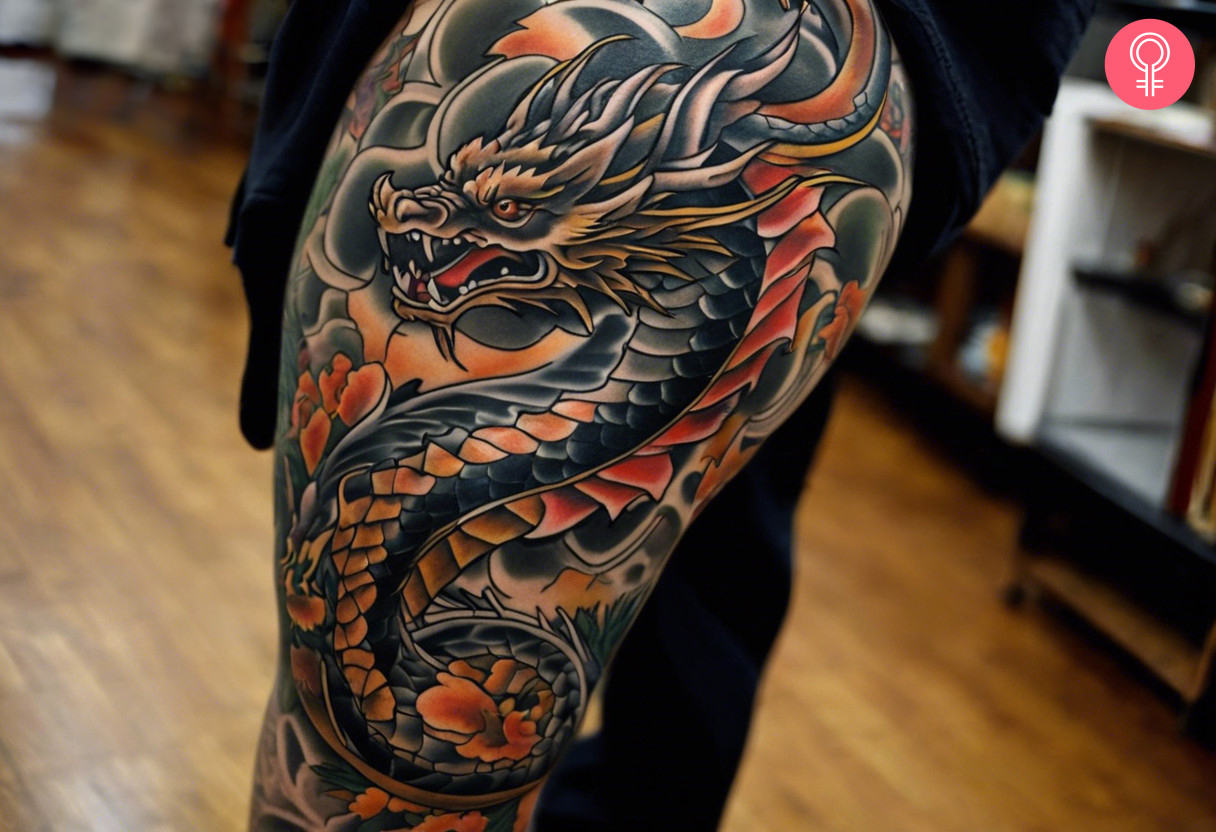 An upper leg dragon tattoo