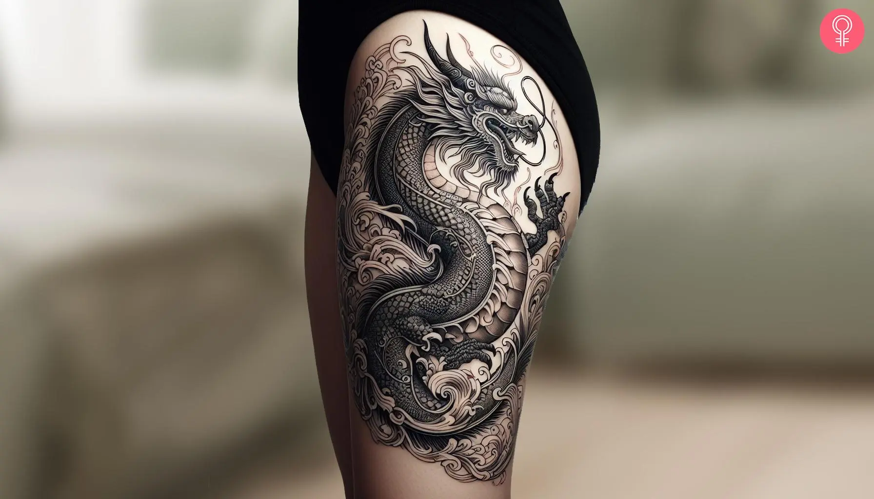 An upper thigh chinese dragon tattoo