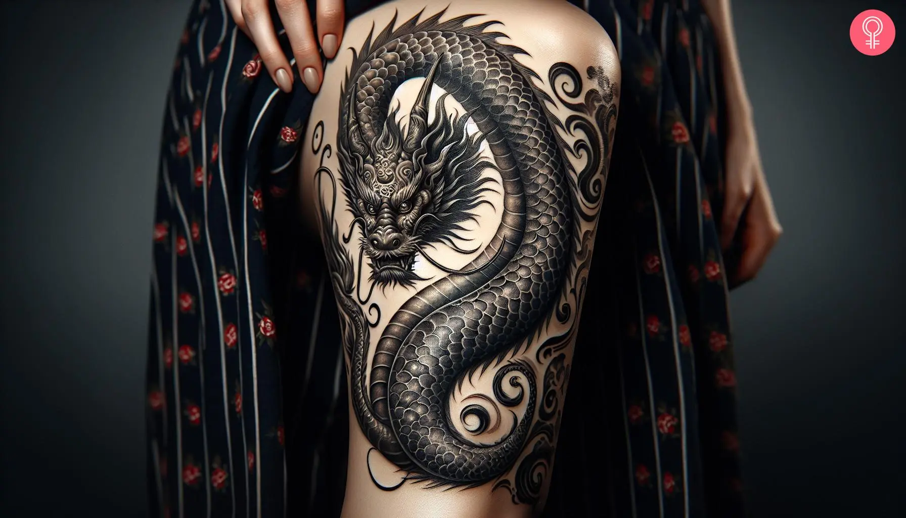 An upper thigh dragon tattoo