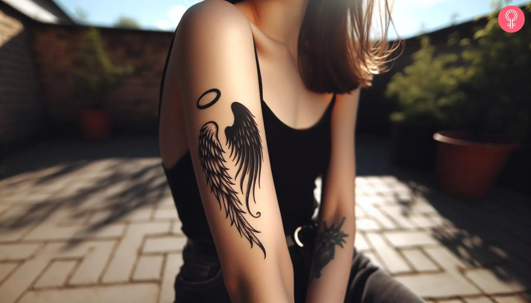 Angel and devil wings tattoo with a halo on the upper arm