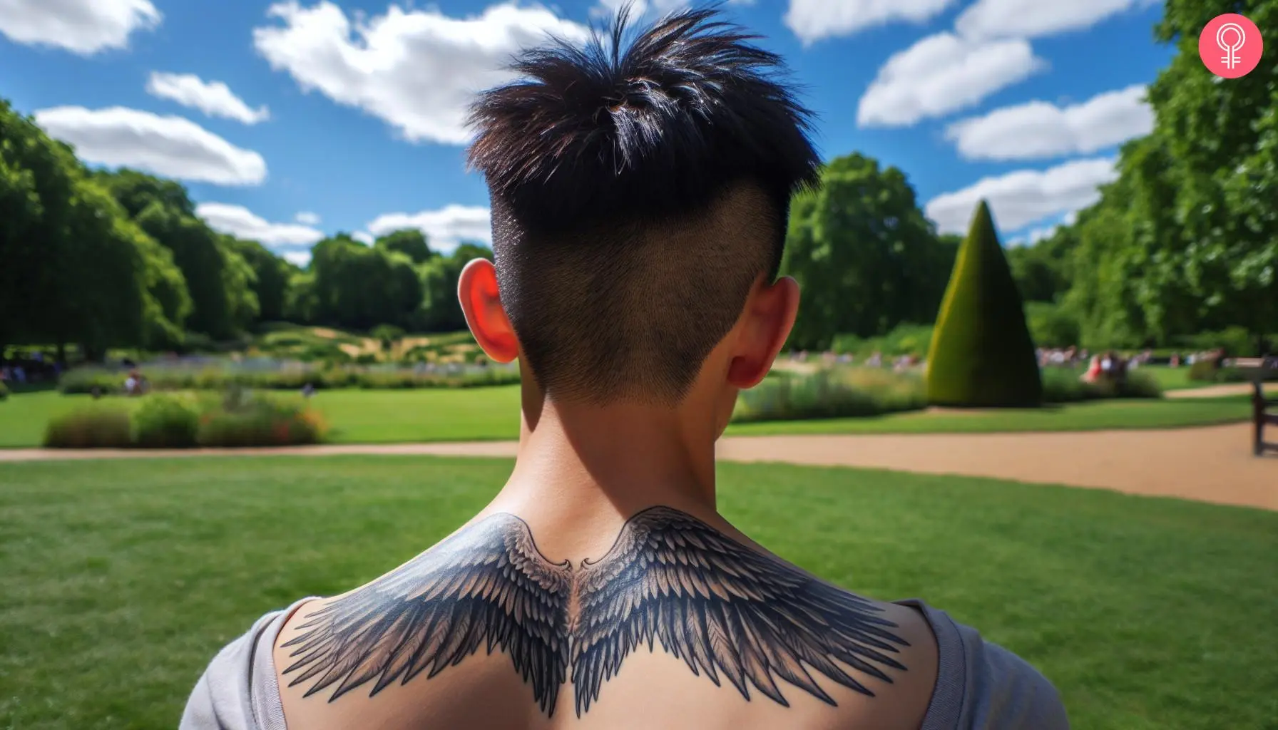 Angel wings tattoo on the back of the neck