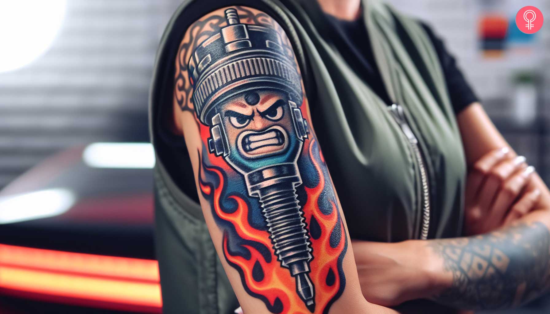 A woman with a colored angry spark plug tattoo on her upper arm