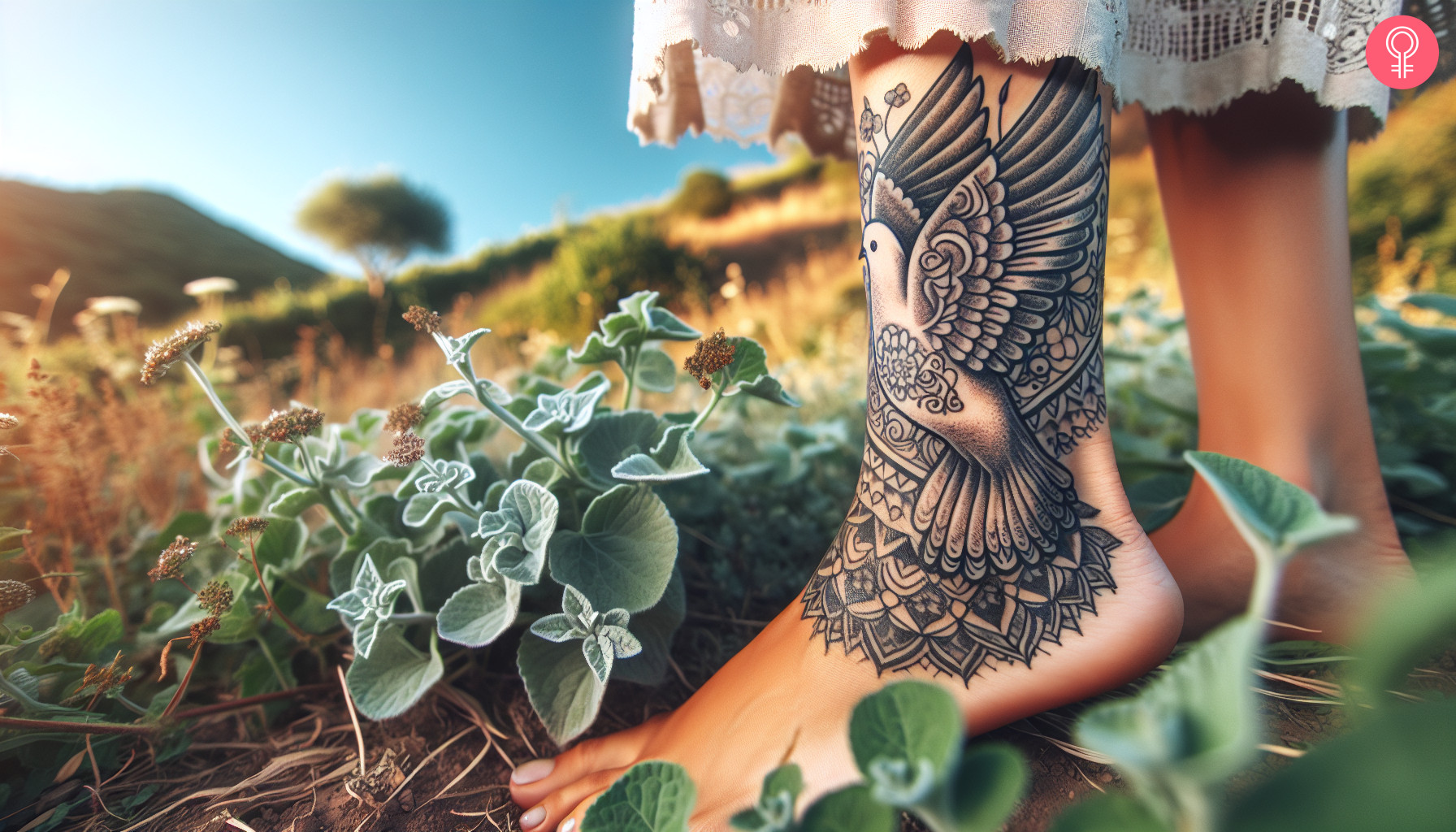 Ankle tattoo with dove and mandala pattern