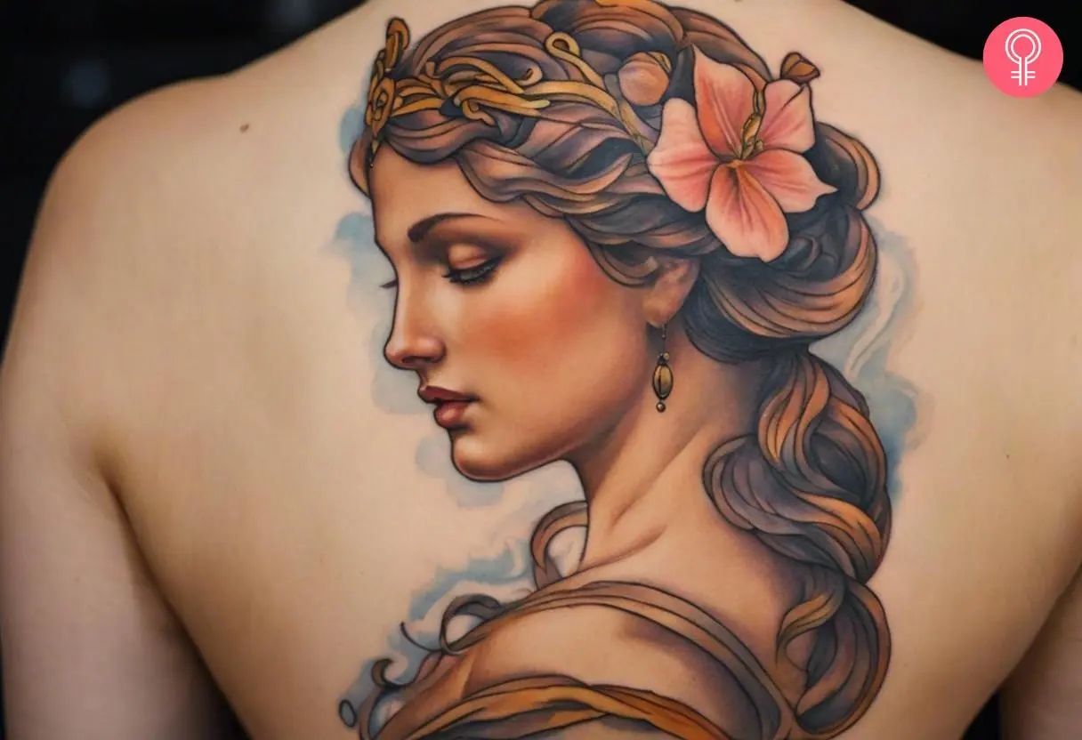 Aphrodite venus tattoo on a woman’s back