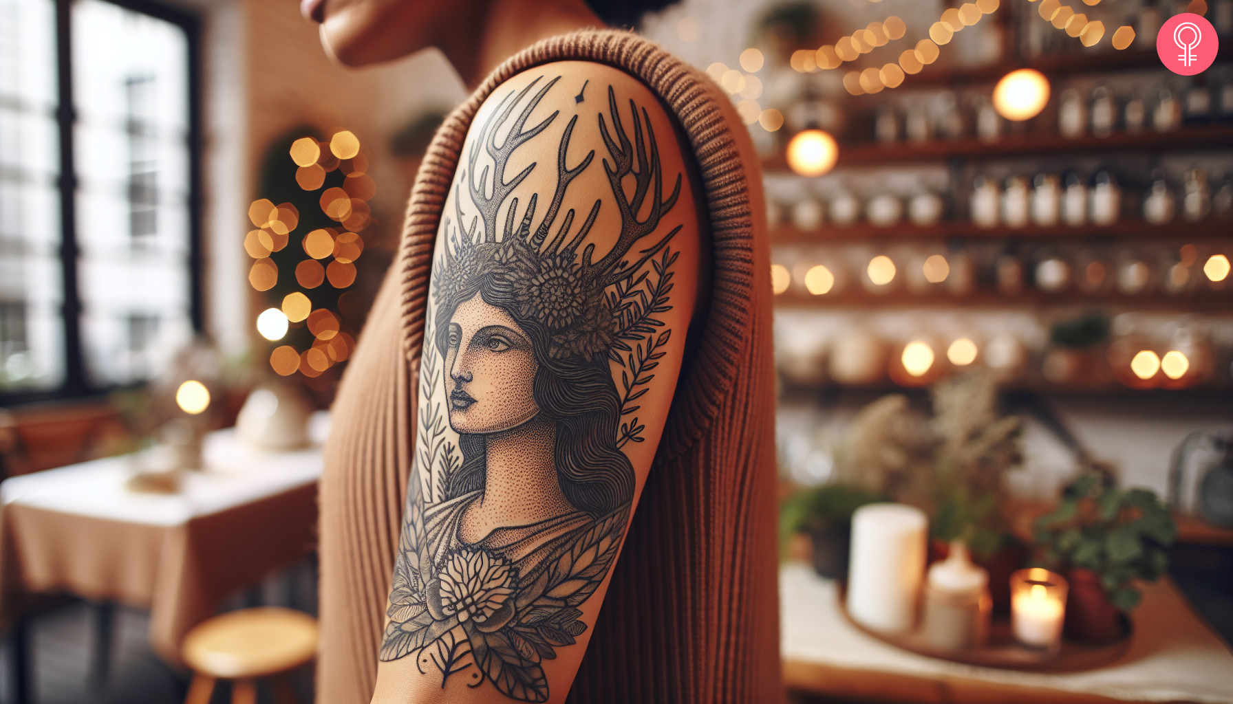 Aphrodite with antler crown tattoo on the half-sleeve