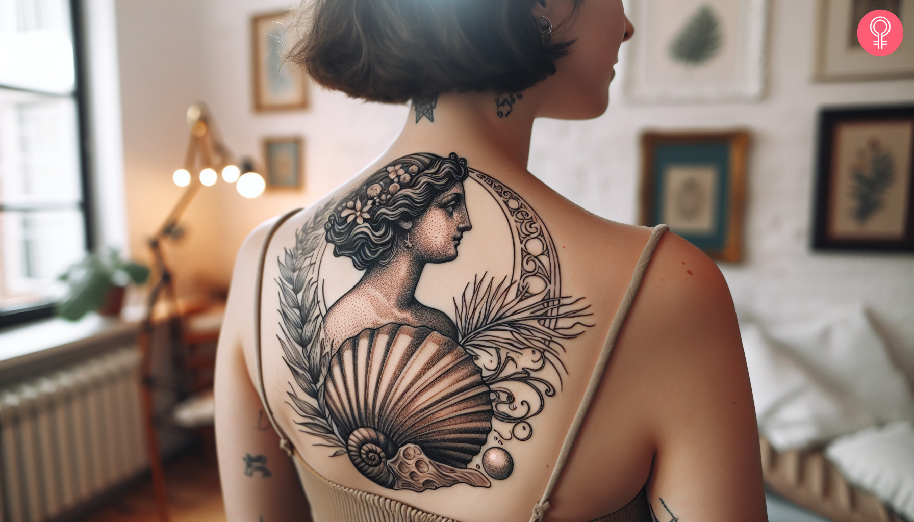 Aphrodite with sea shell and pearl tattoo on the upper back