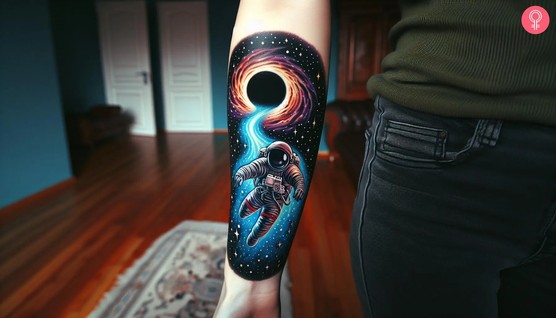 A woman with an astronaut black hole tattoo on her forearm