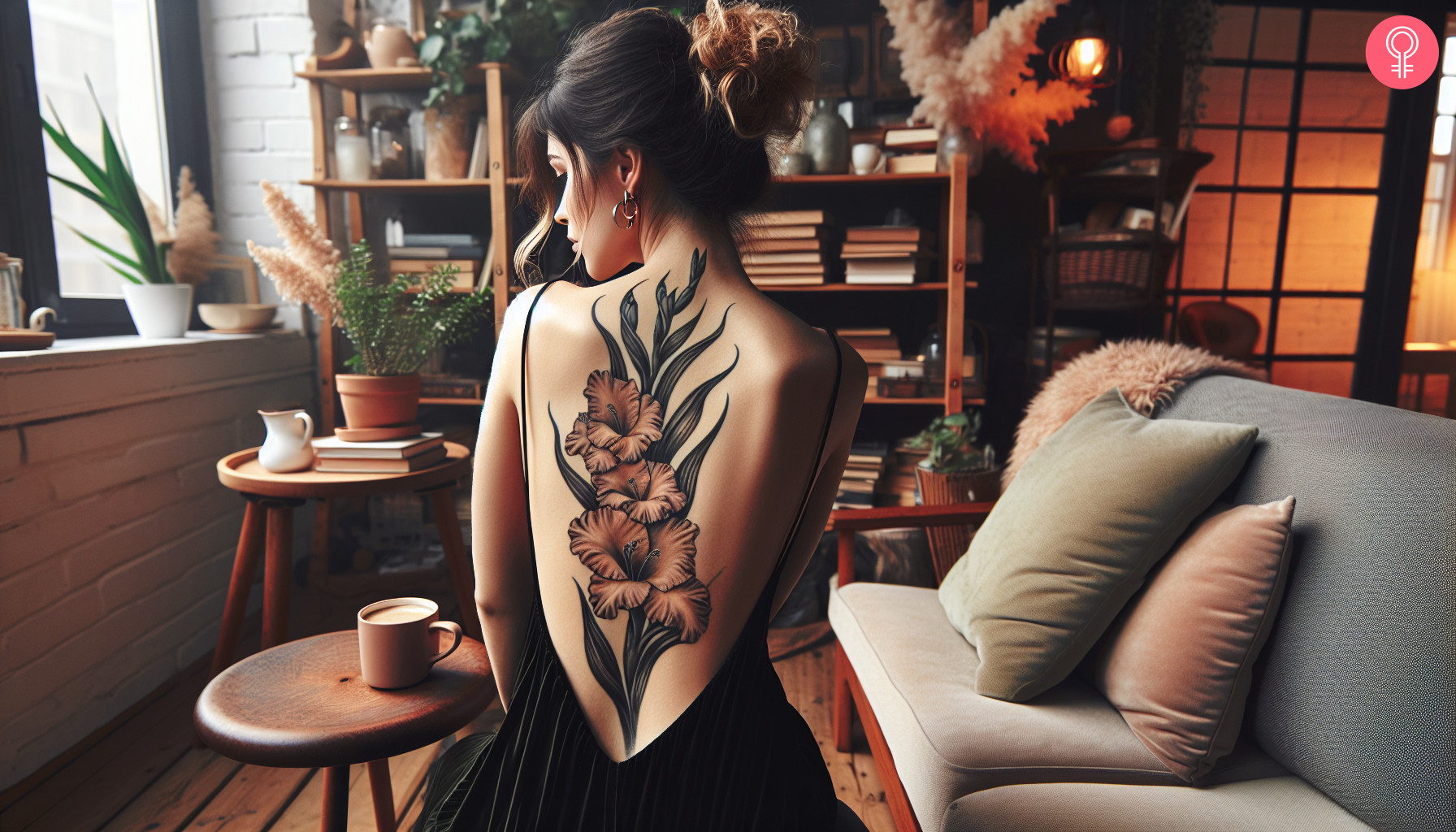 An August birth flower tattoo on a woman’s spine