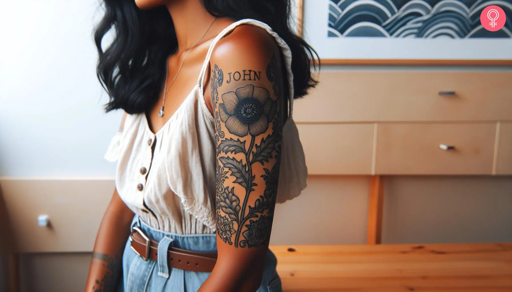 An August birth flower tattoo with a name on a woman’s bicep