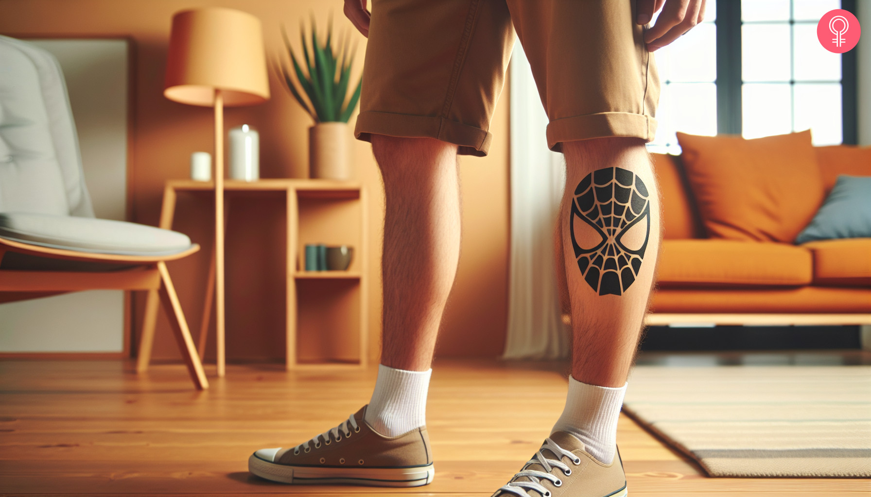 Black spiderman tattoo on the leg of a man