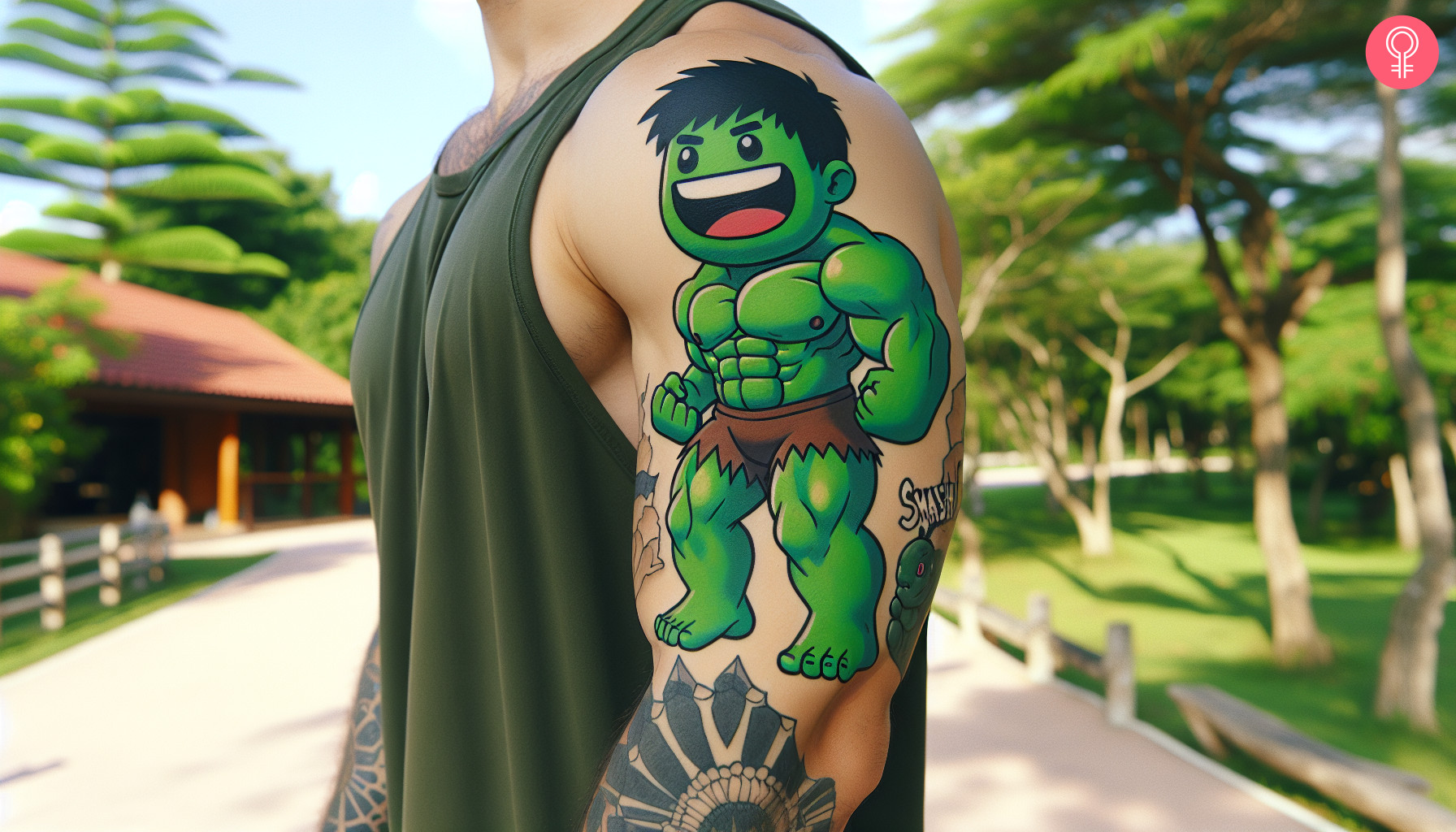 Avengers sleeve tattoo featuring baby Hulk