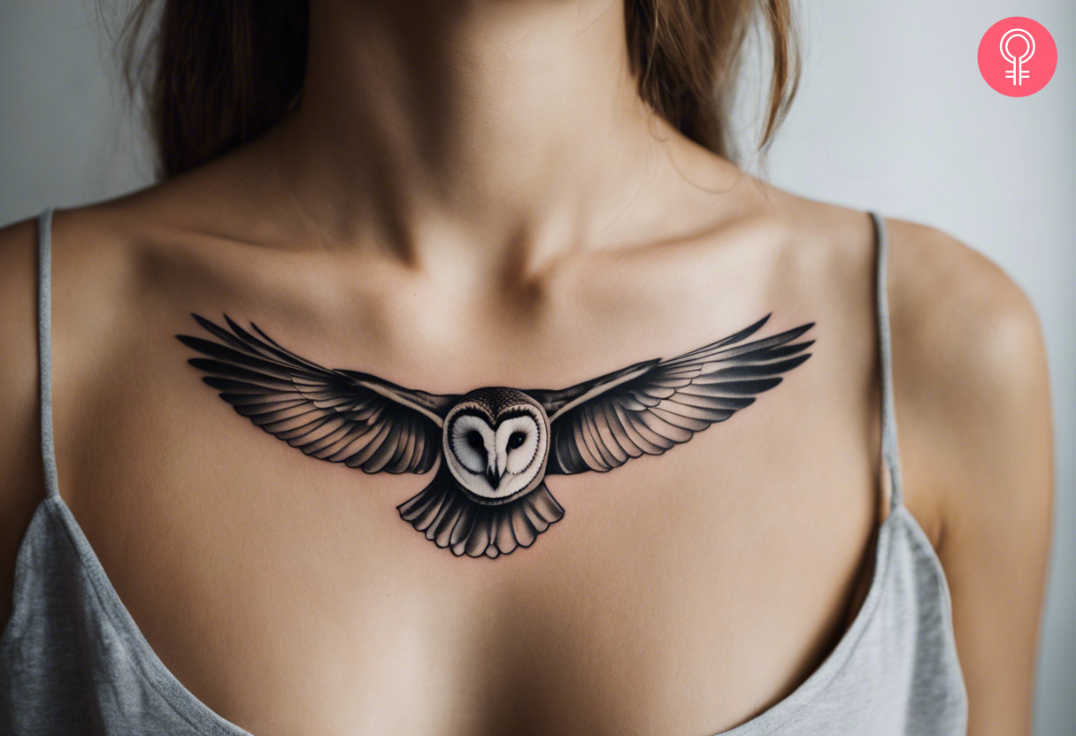 A woman with a colored barn owl tattoo on her upper chest