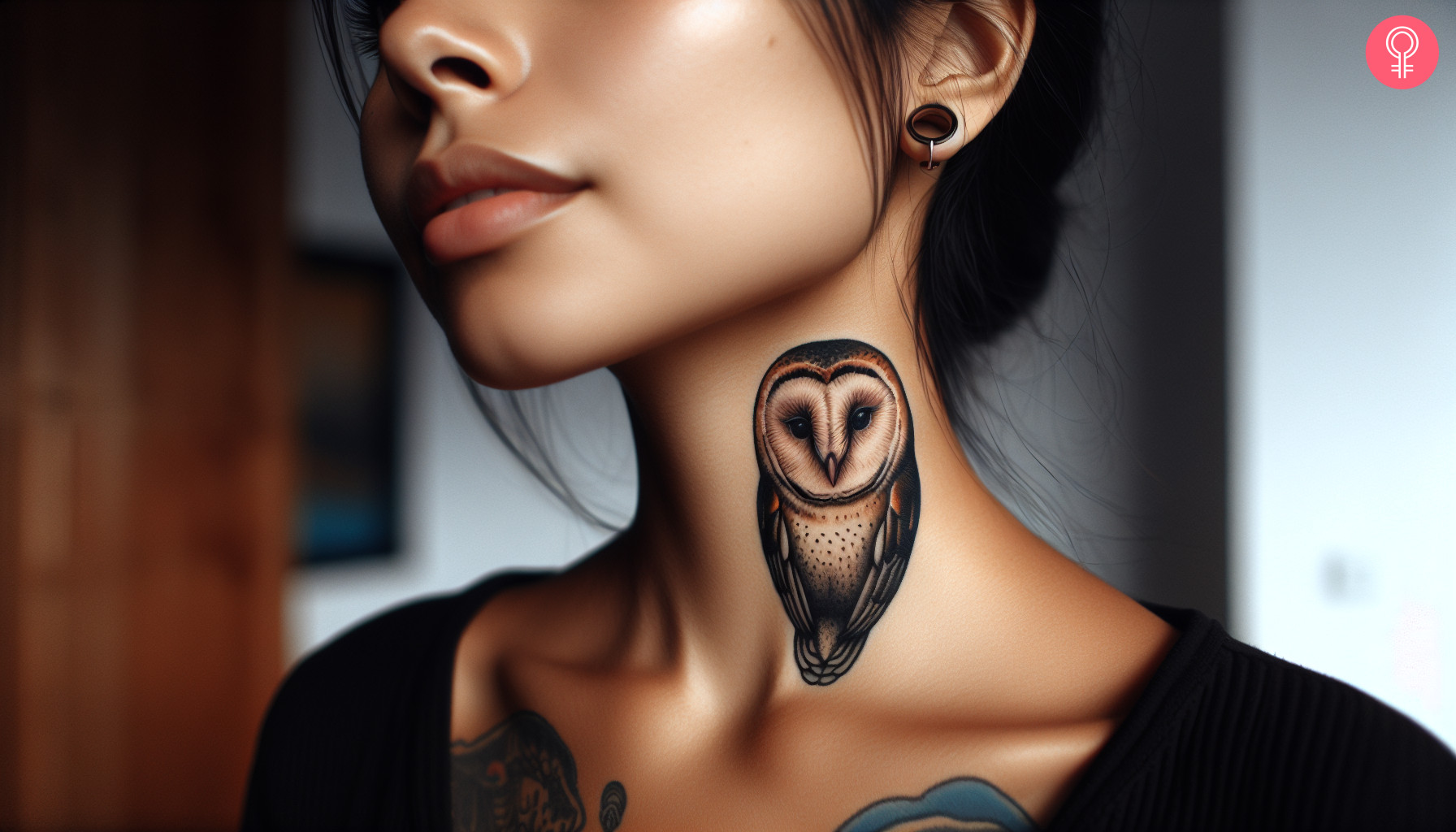 A woman with a colored barn owl tattoo on her neck