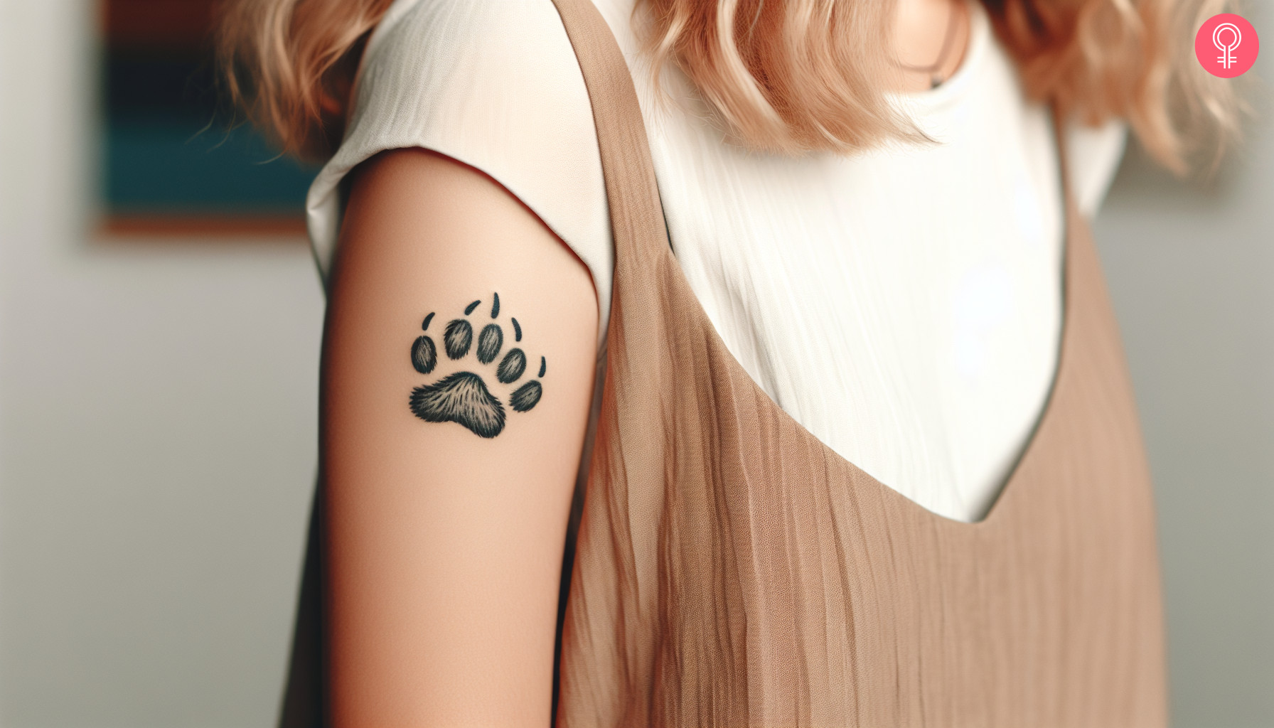 Woman with bear cub paw print tattoo on her upper arm