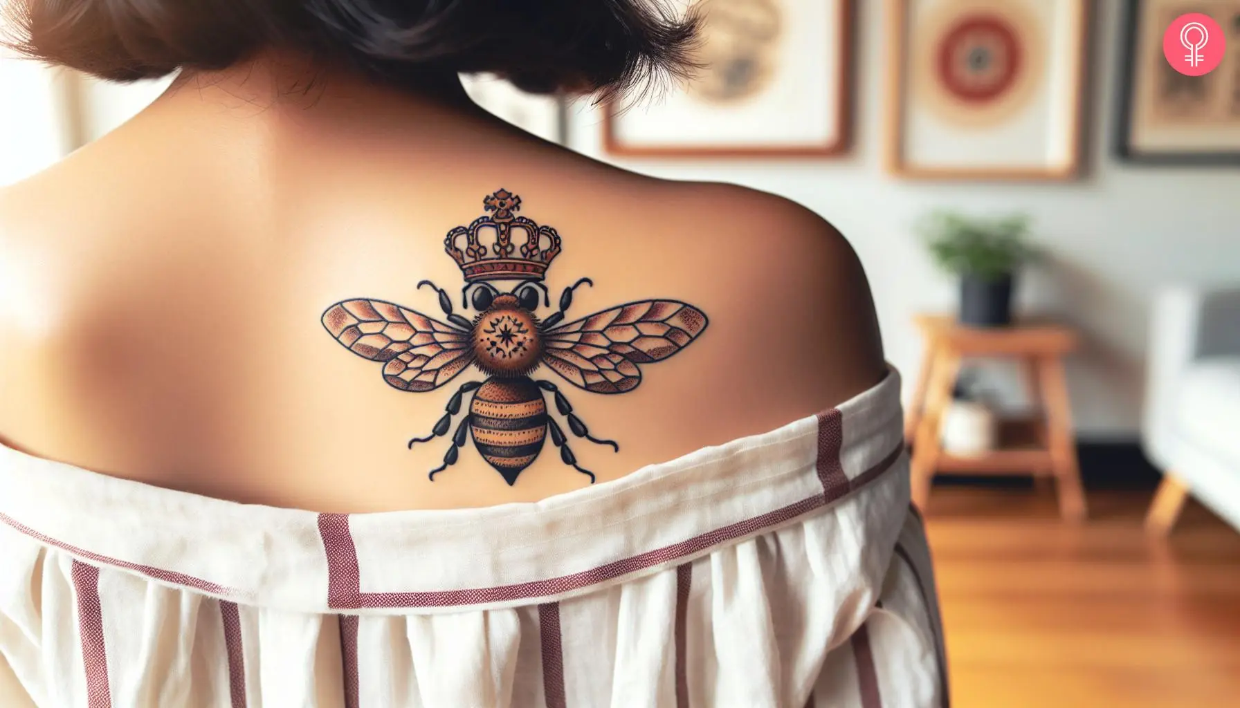 Bee with a crown tattoo on the back of a woman