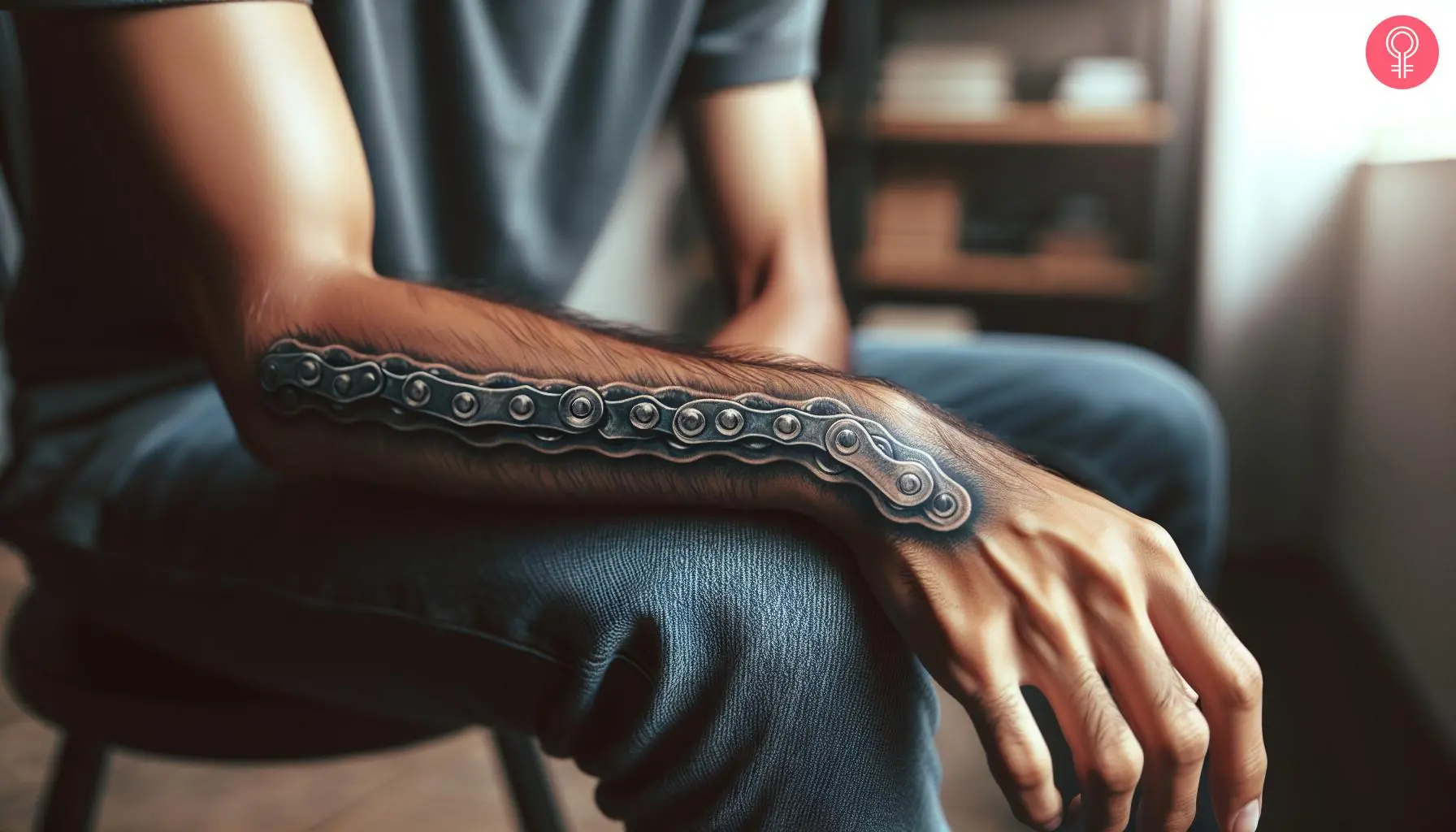 Man with a realistic bike chain tattoo on the side of the forearm