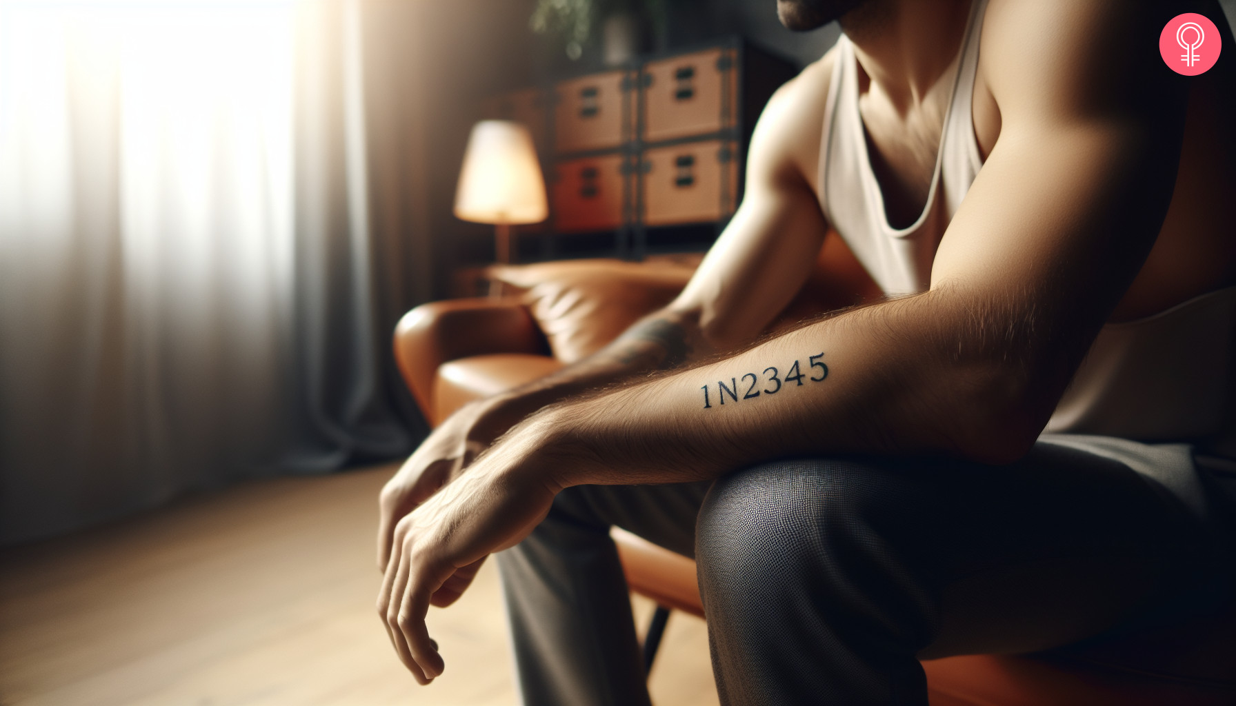 Man with a bike gear tattoo, featuring gear numbers, on the forearm