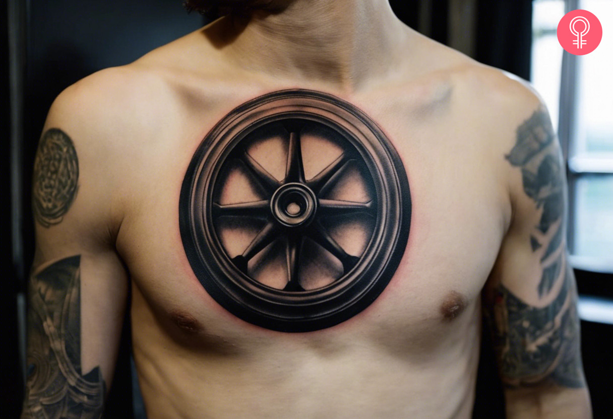 Man with a large bike wheel tattoo on the chest