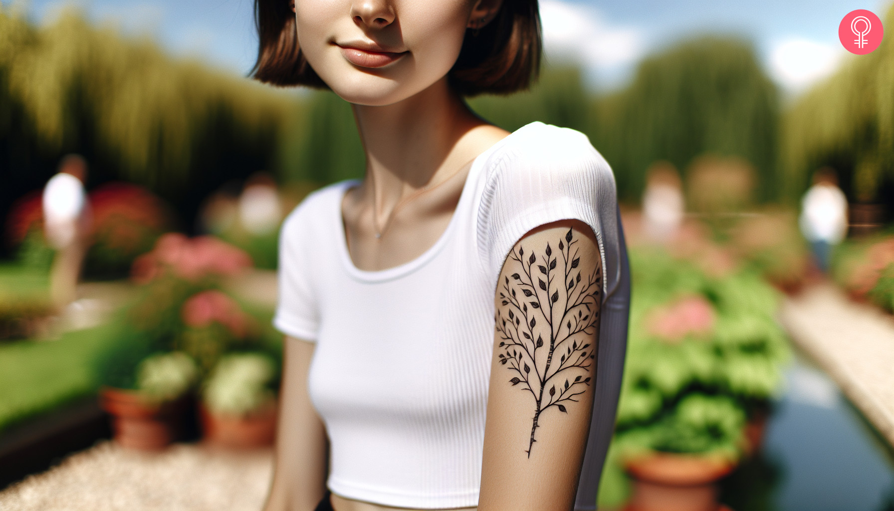 A woman with a minimalist birch tree branch tattoo on the upper arm with black leaves