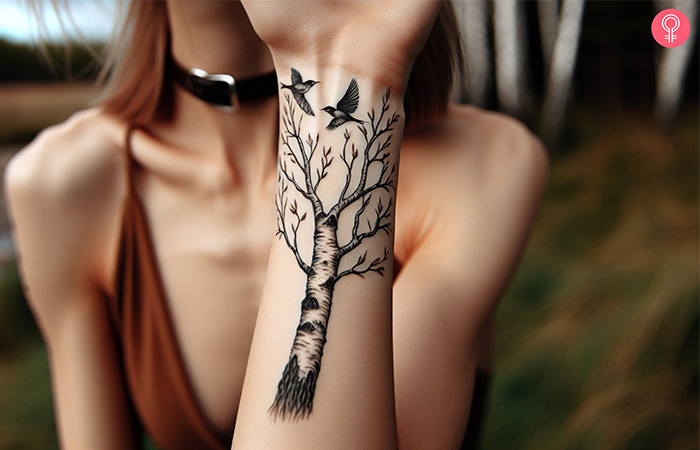 A woman with a birch tree tattoo with bare branches on her forearm