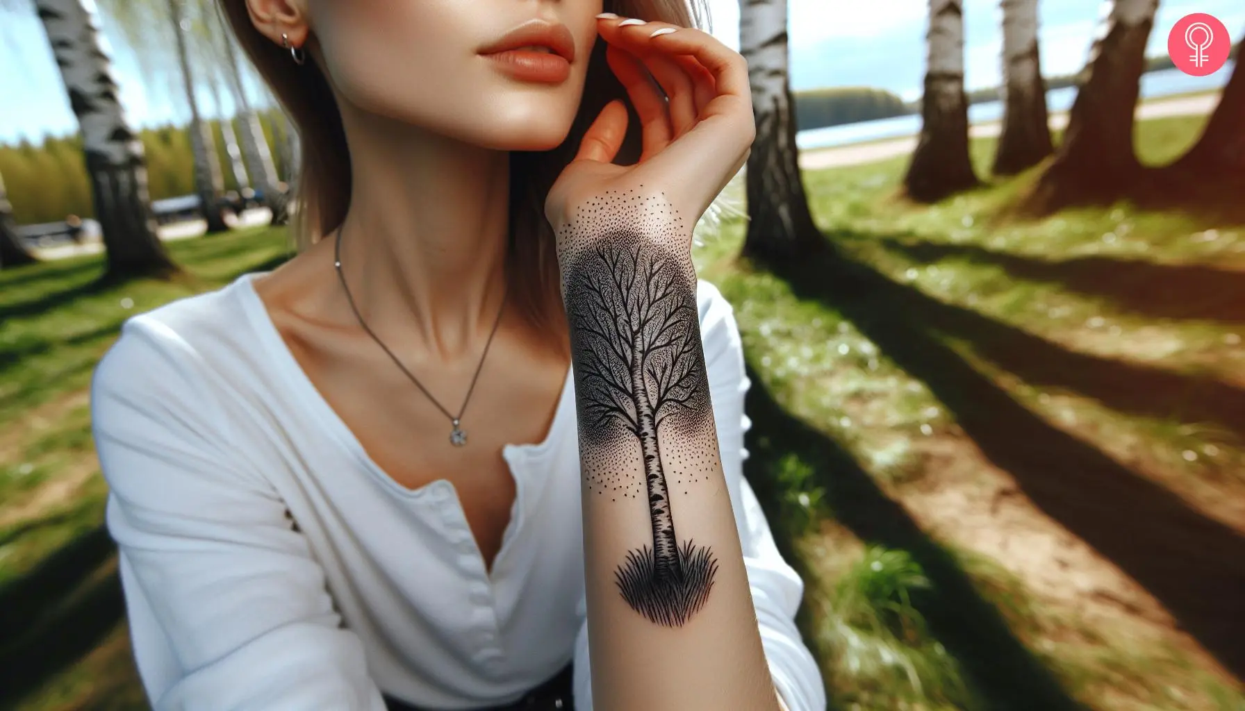 A woman with a minimalist birch tree tattoo with dots and lines on her wrist