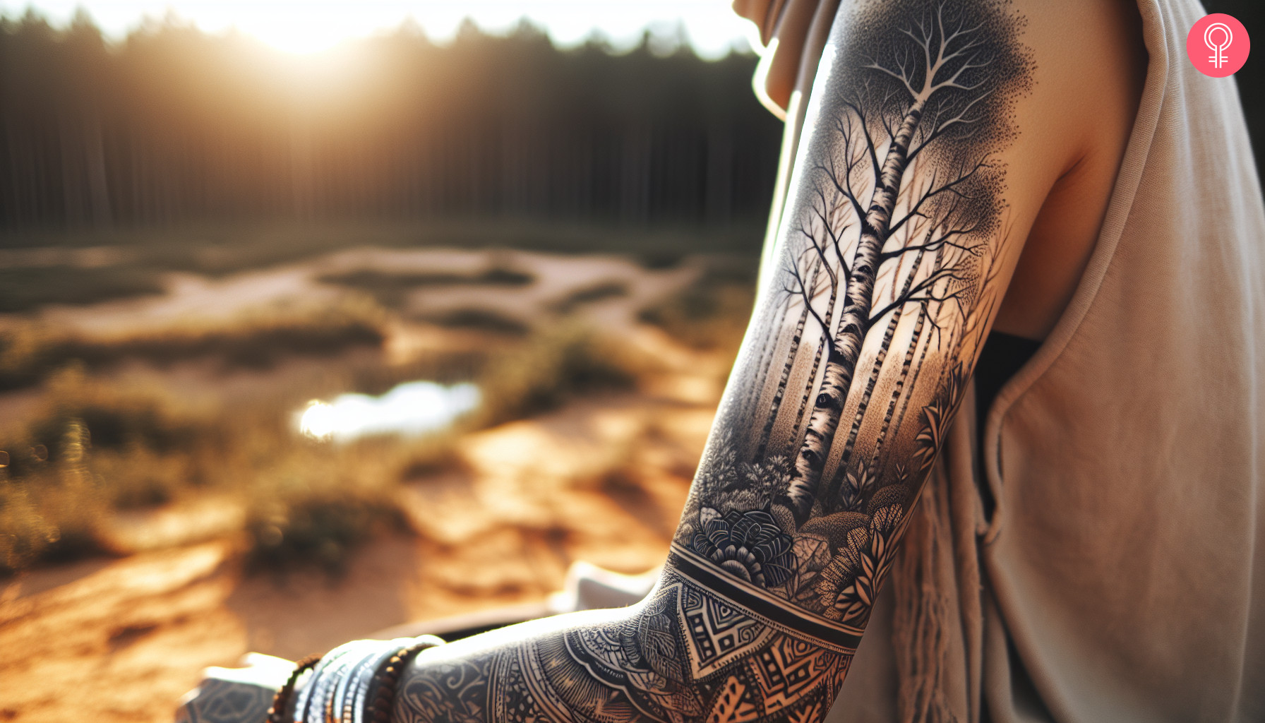 A woman with a birch tree tattoo sleeve with detailed trees landscape