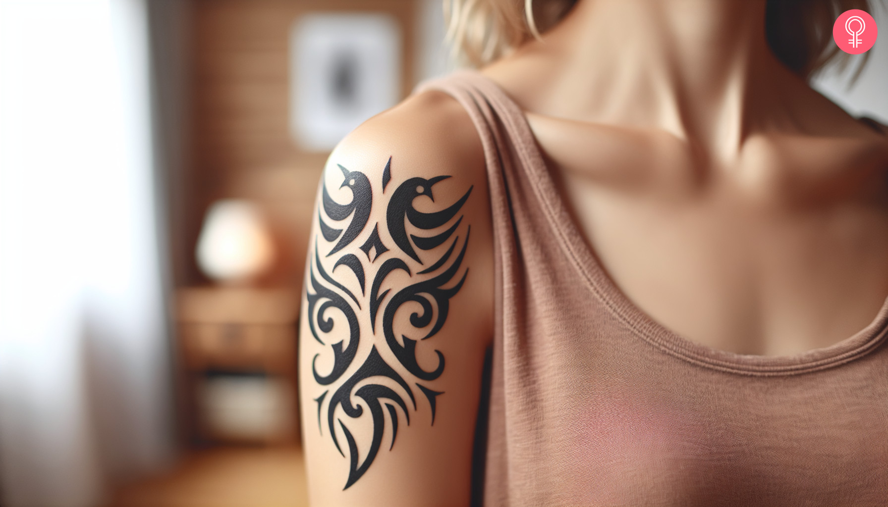 A woman with a black tribal bird family tattoo on her upper arm