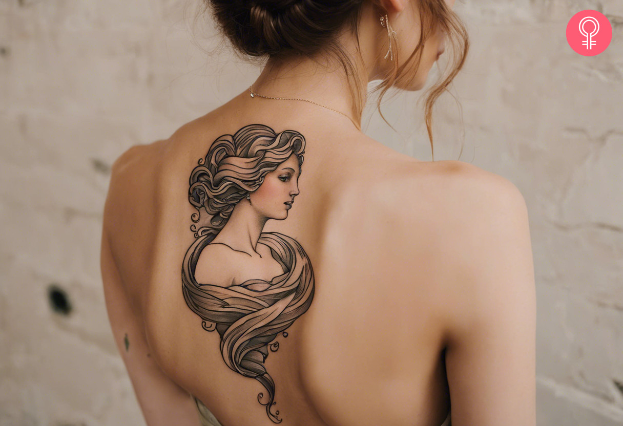 Birth of Venus tattoo on a woman’s back