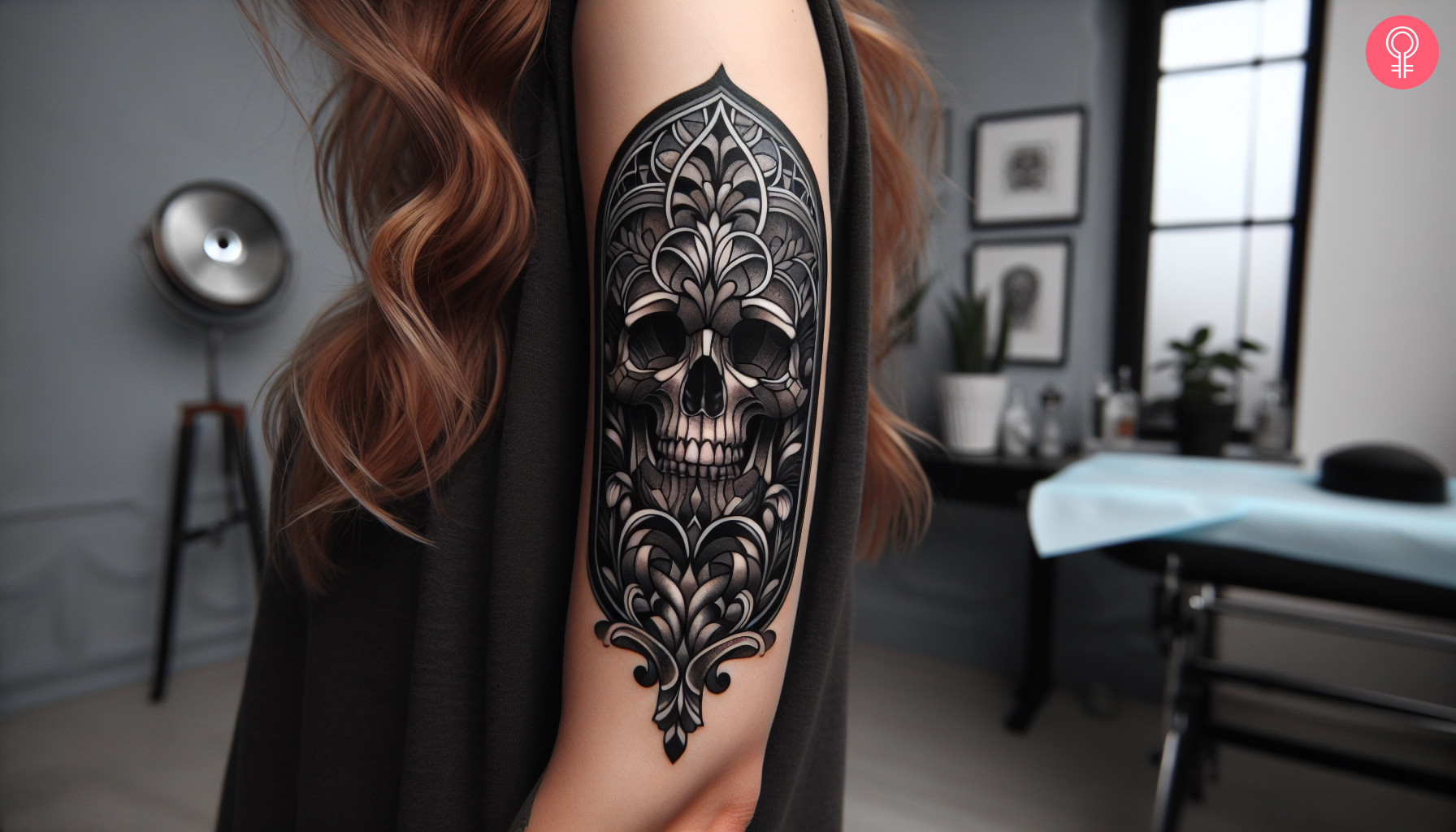 A black and grey stained glass skull tattoo on the upper arm