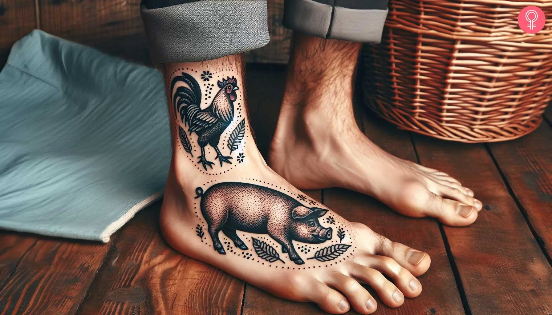 A black-and-white tattoo of pig and rooster on a man’s foot