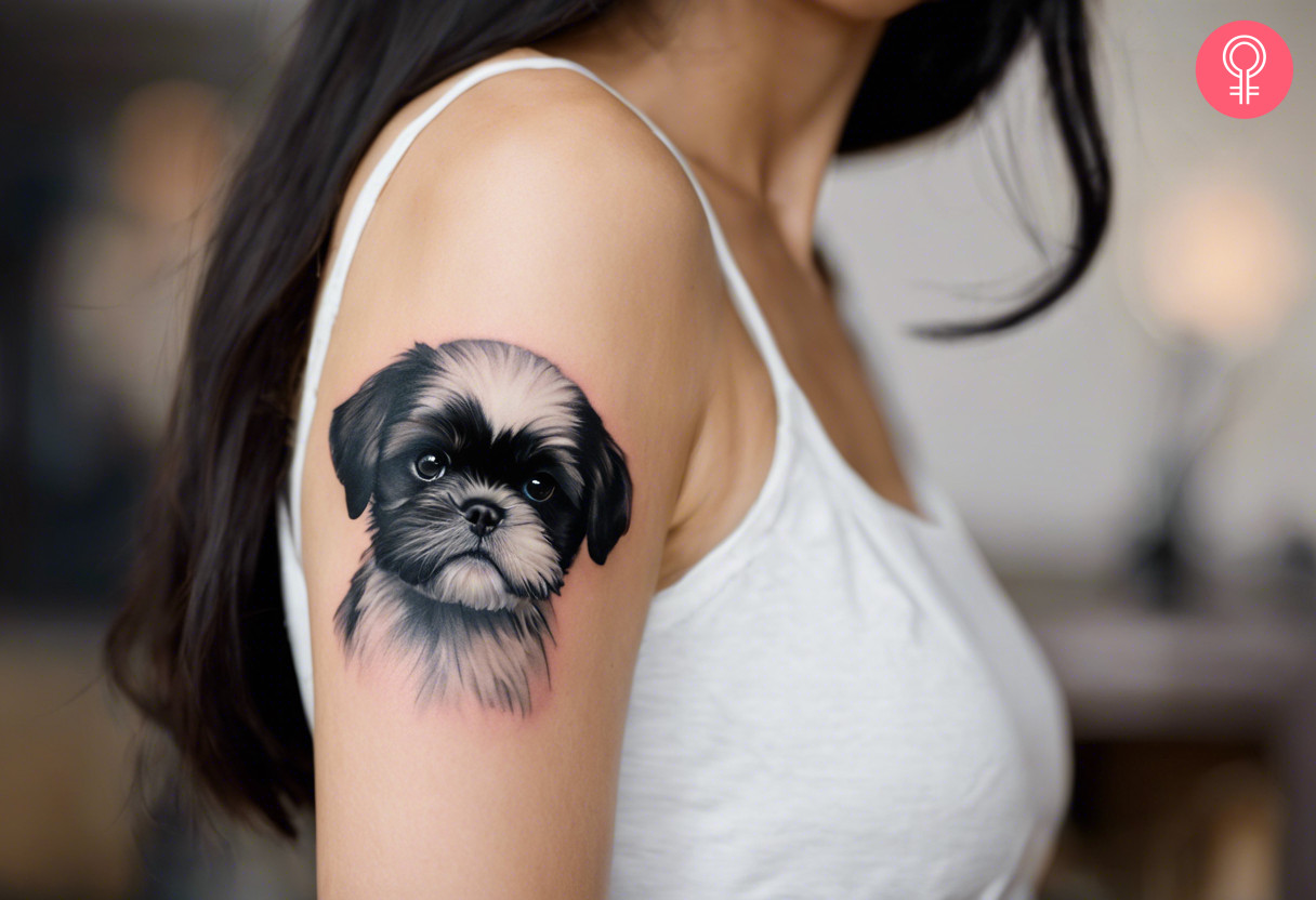 A woman with a black and white Shih Tzu tattoo on her upper arm