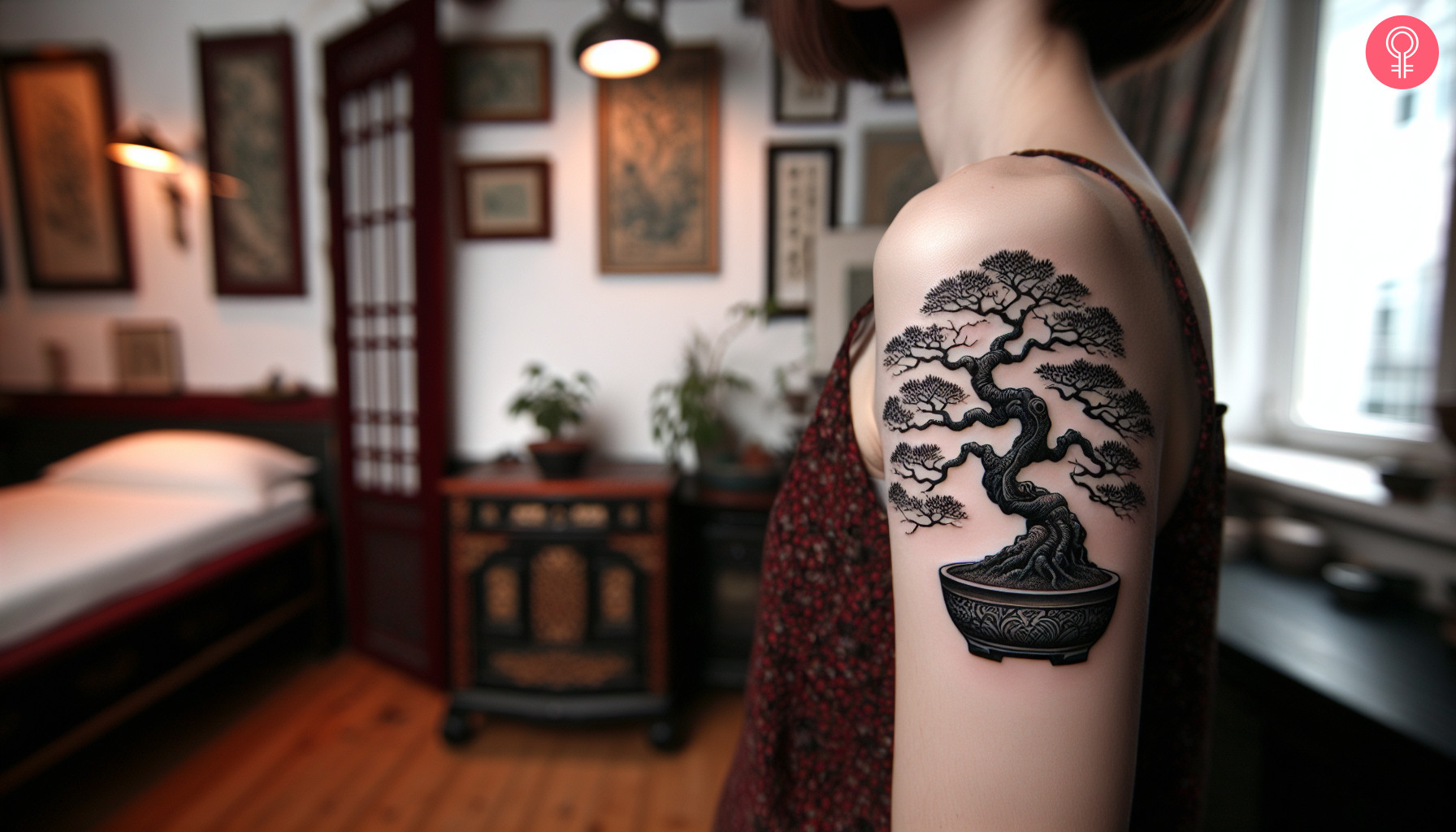 A woman with a black bonsai tree tattoo on her upper arm