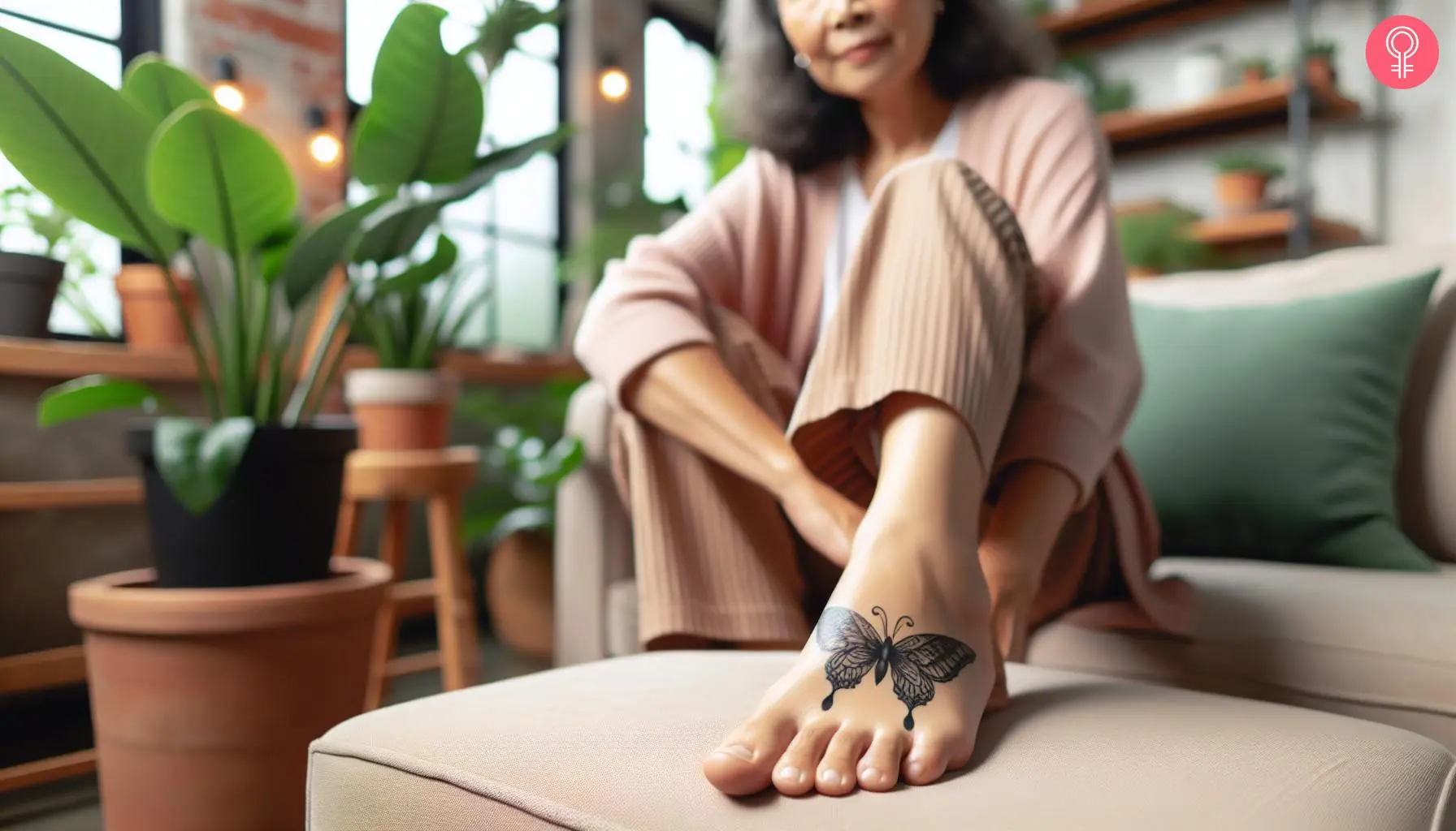 A woman with a black butterfly tattoo on her foot