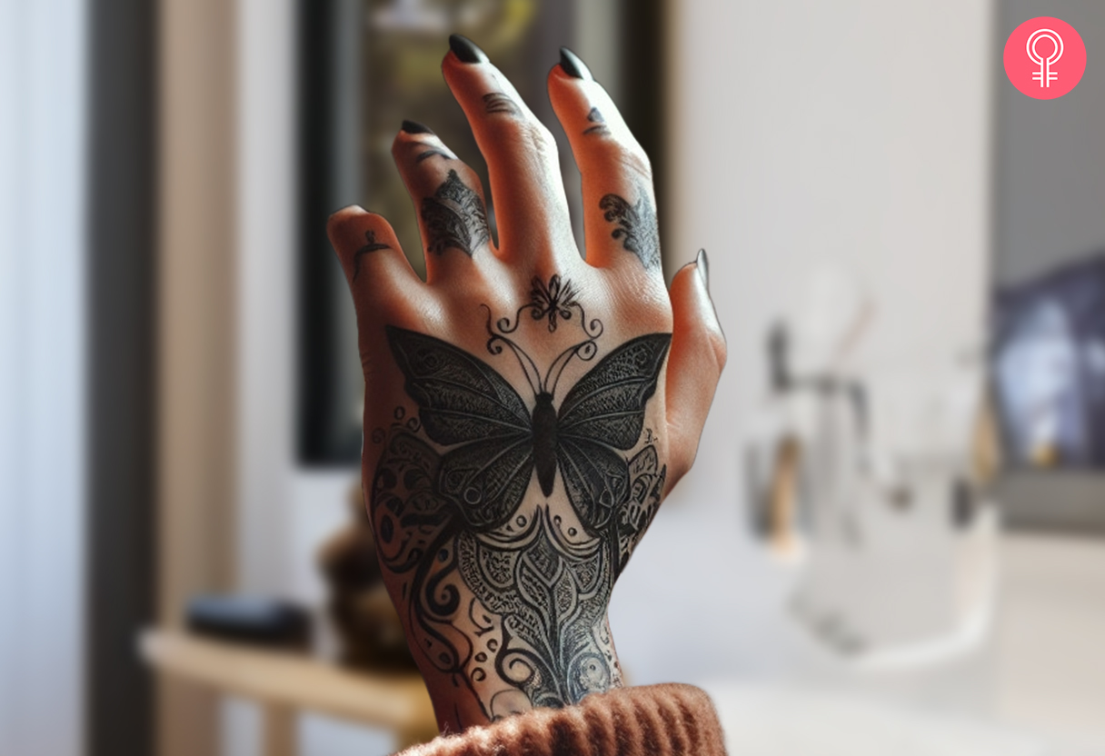 A woman with a black butterfly tattoo on her hand